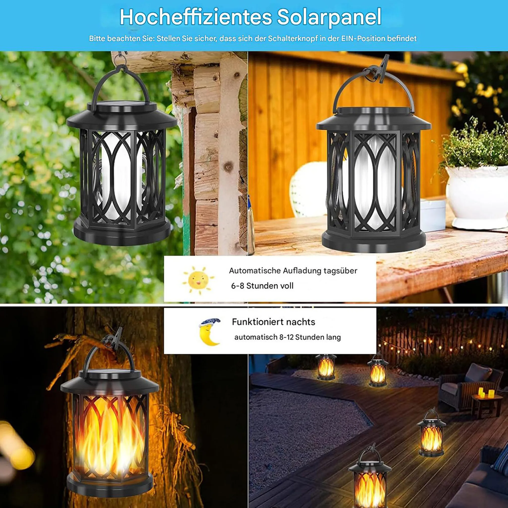 Solar-Hängelaterne mit Flammeneffekt für den Garten.