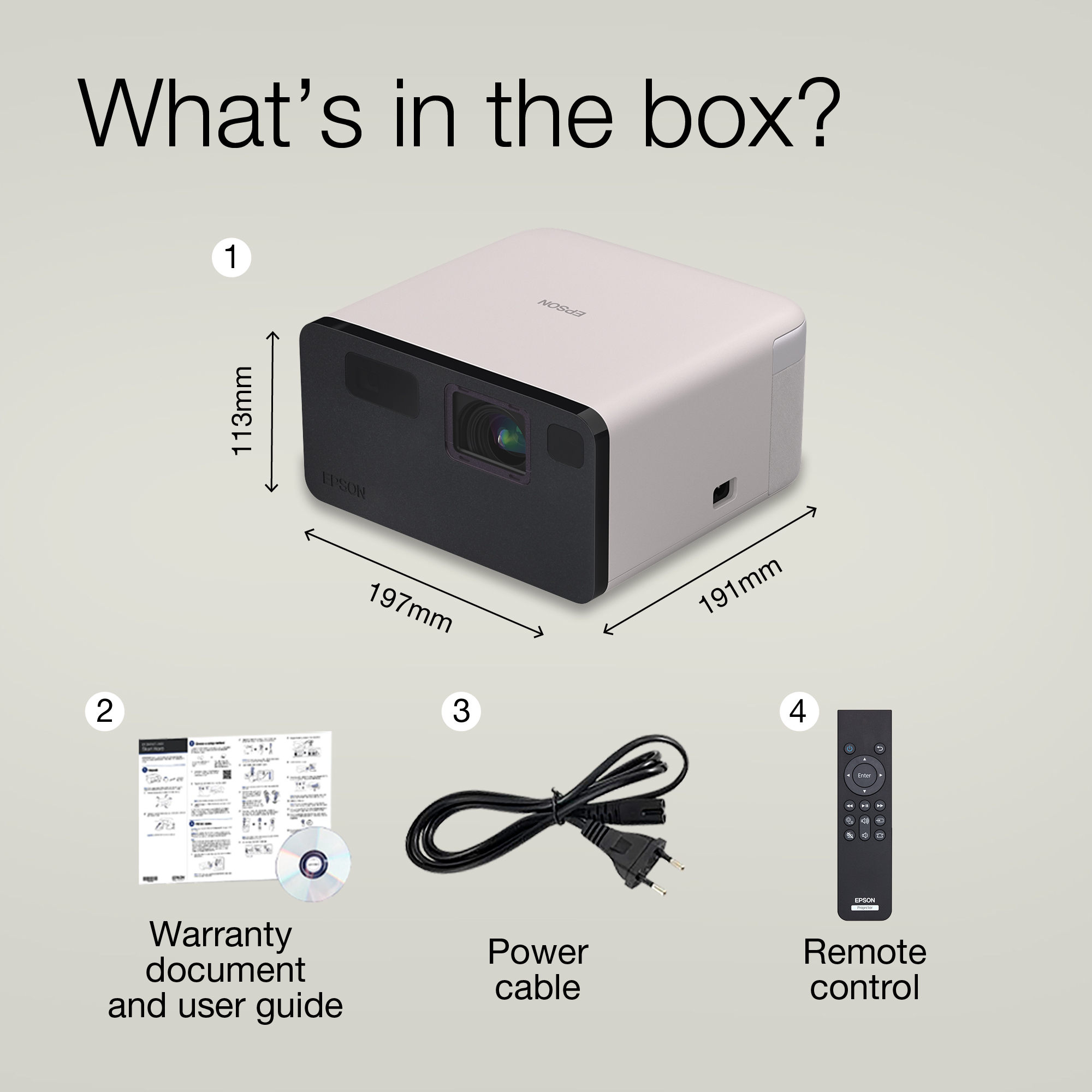Proyector Epson con dimensiones, documentos, cable de alimentación y mando.