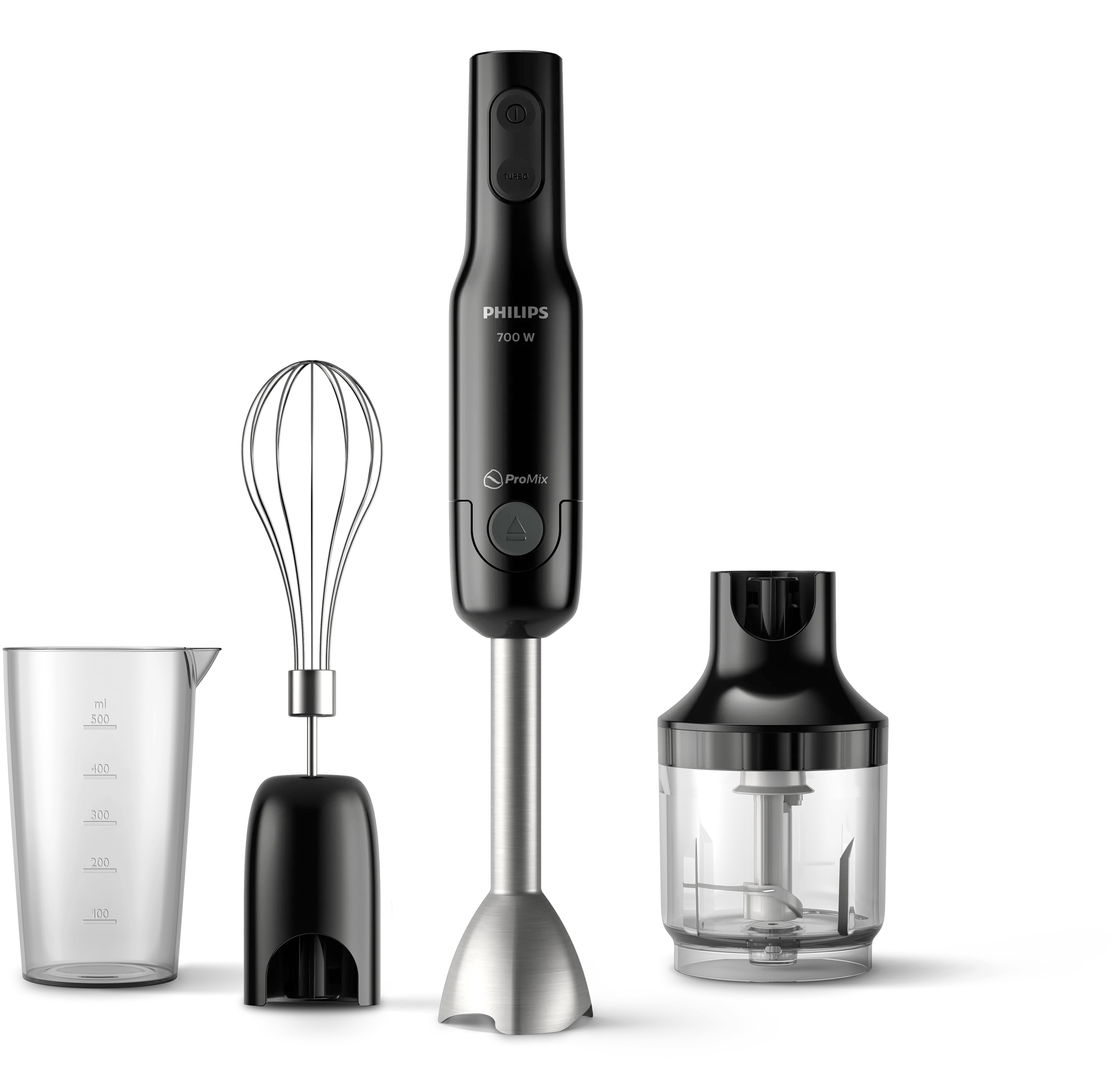 Fekete Philips botmixer készlet mérőpohárral, habverővel és aprítóval fehér háttér előtt.