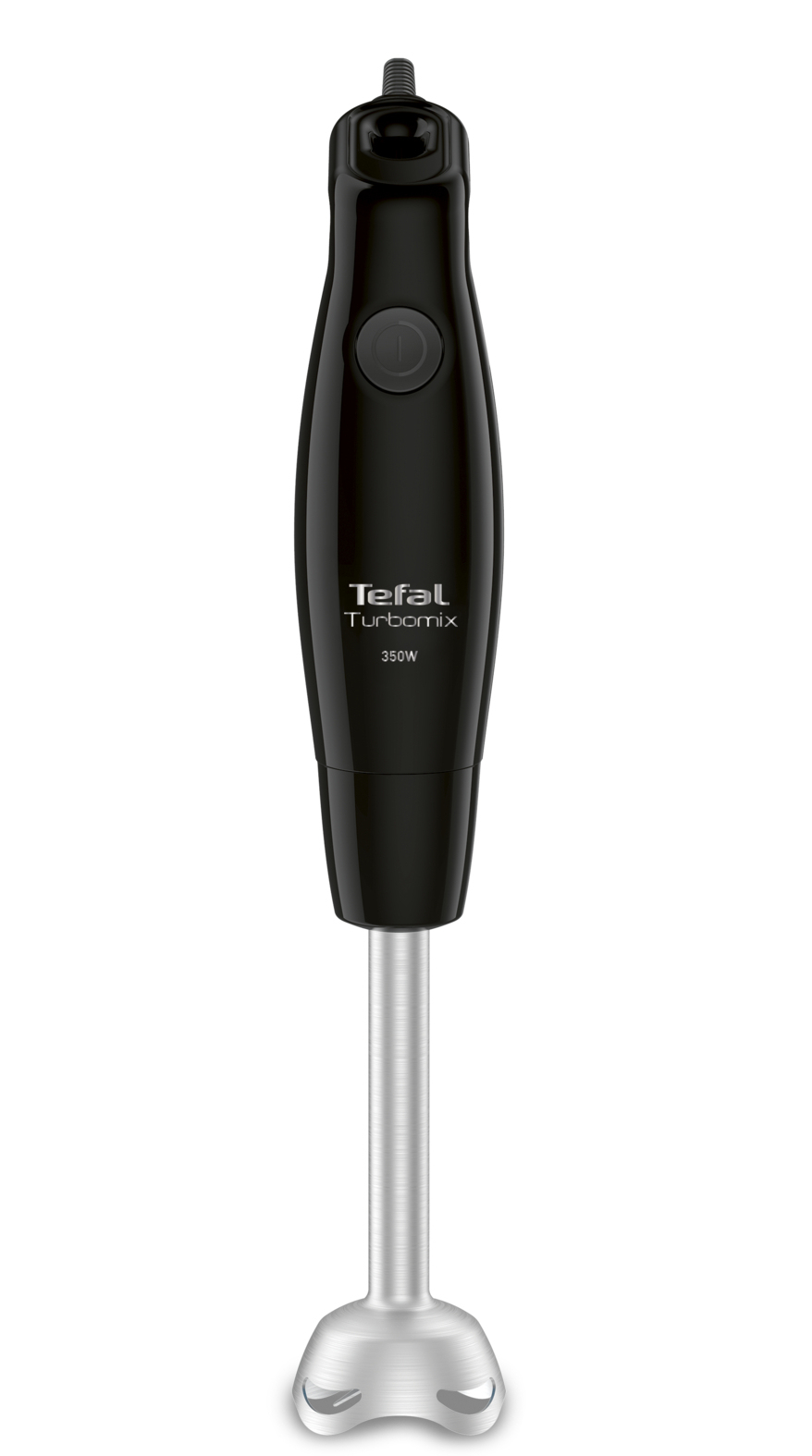 Un frullatore ad immersione nero Tefal Turbomix con asta in metallo argentato su sfondo neutro.
