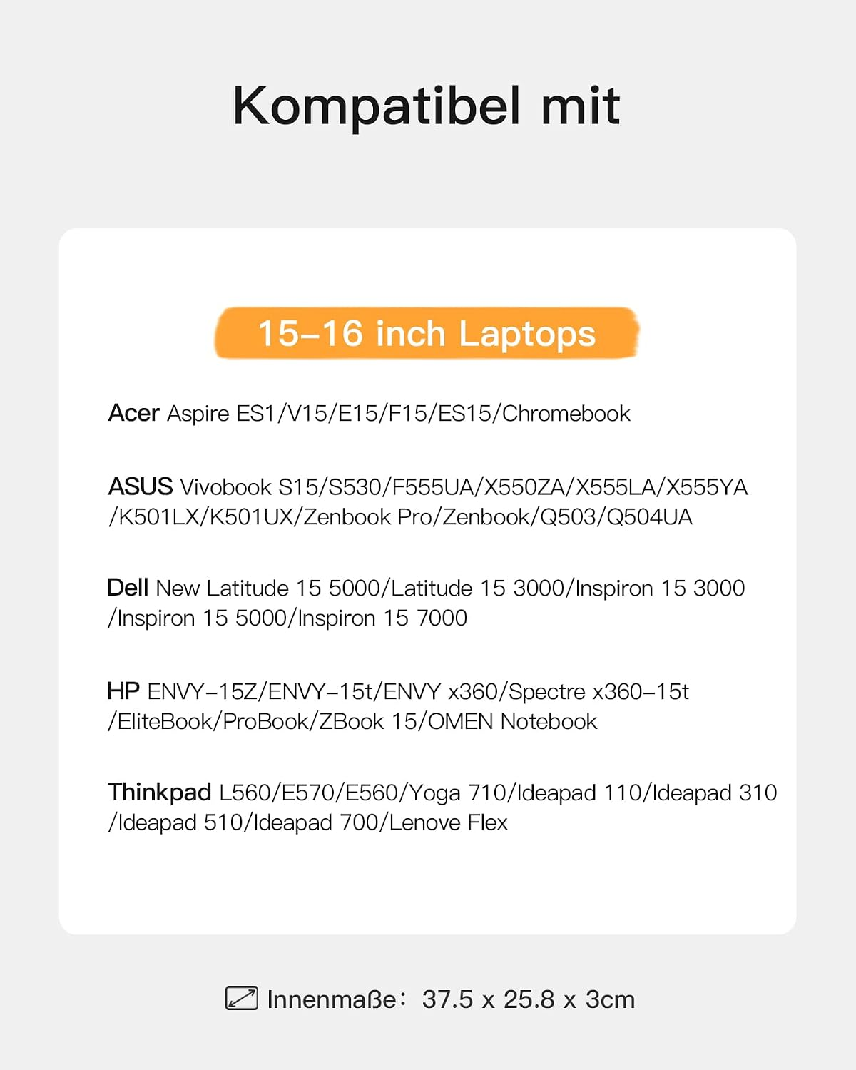 Kompatibilitätsliste für 15-16 Zoll Laptops verschiedener Marken mit Innenmaßen.