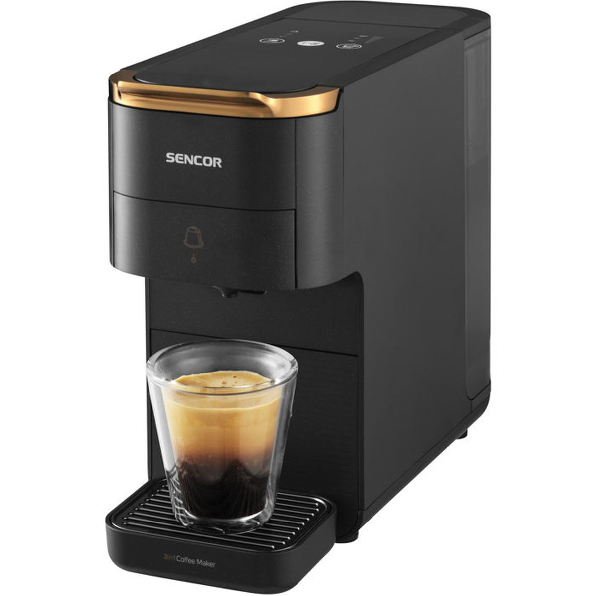 Schwarze Sencor Kaffeemaschine mit goldener Zierleiste und einer Glastasse voll frischem Espresso auf dem Abtropfgitter.
