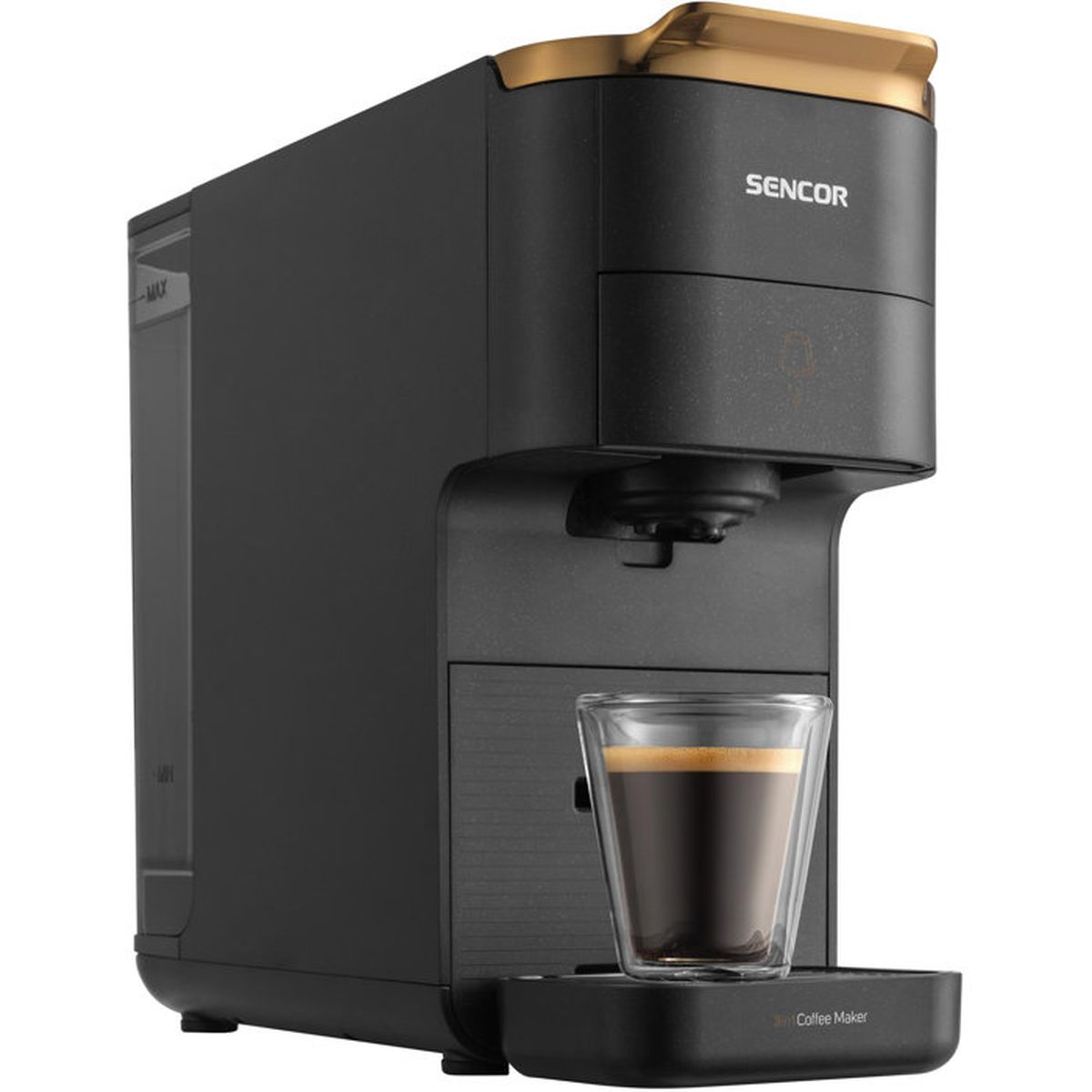 Schwarze Sencor Kaffeemaschine mit goldfarbenem Griff und einer Glasur Tasse Espresso.