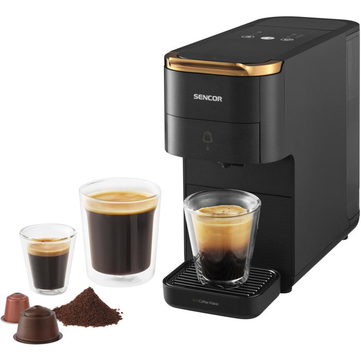 Eine schwarze Sencor Kaffeemaschine mit einer Tasse Espresso, zwei Extragläsern, Kaffeekapseln und gemahlenem Kaffee.