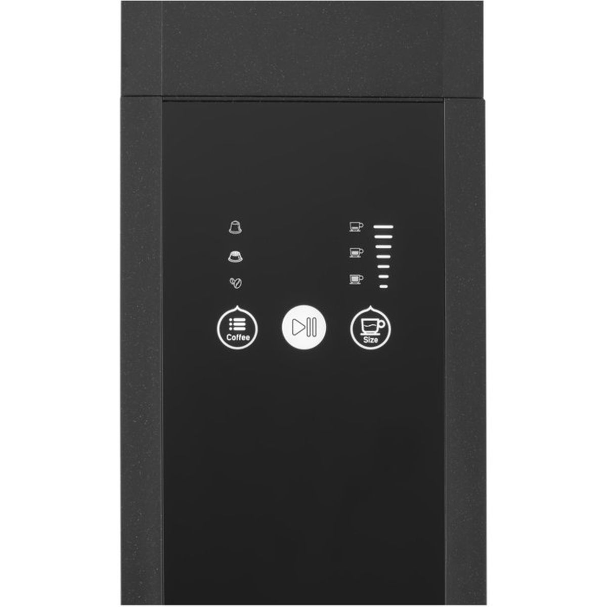 Schwarzes Bedienfeld einer Kaffeemaschine mit Touch-Tasten, Kaffee-Symbolen und einer Füllstandsanzeige.