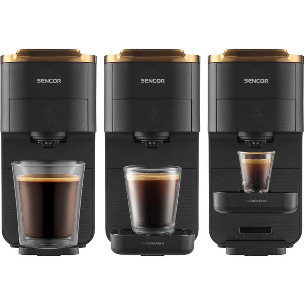 Drei schwarze Sencor Kaffeemaschinen mit unterschiedlichen Tassenhöhen auf weißem Hintergrund.