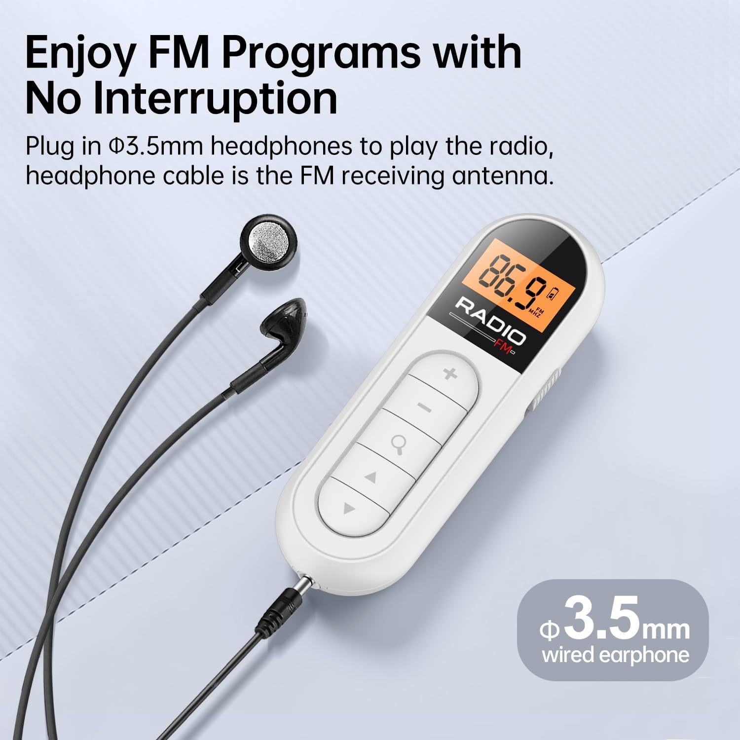 Weißes FM-Radio mit Kopfhörern als Antenne, Text über ununterbrochenes Radiohören.