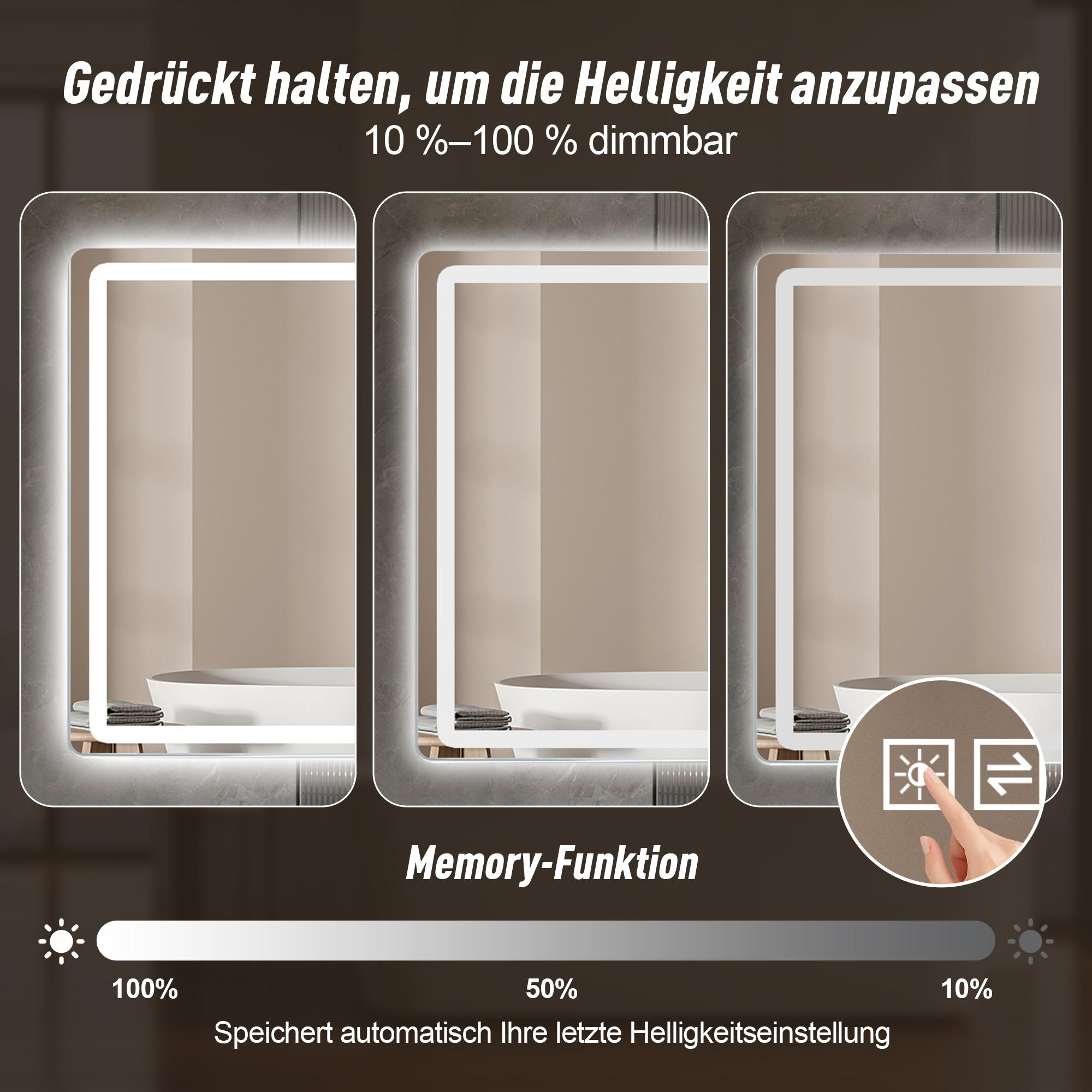 Drei beleuchtete Badezimmerspiegel zeigen verschiedene Helligkeitsstufen mit Speicherfunktion und Touch-Steuerung.