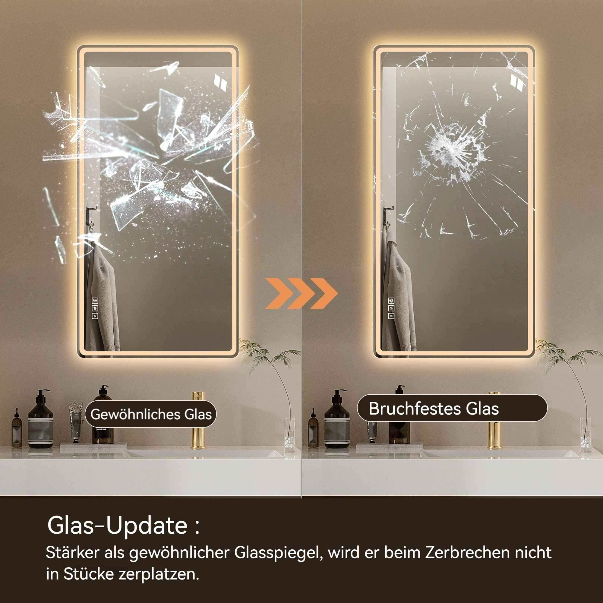 Vergleich zweier Badspiegel: Links zerbrochene Scheibe, rechts shatterfester Spiegel mit intakter Oberflaeche.