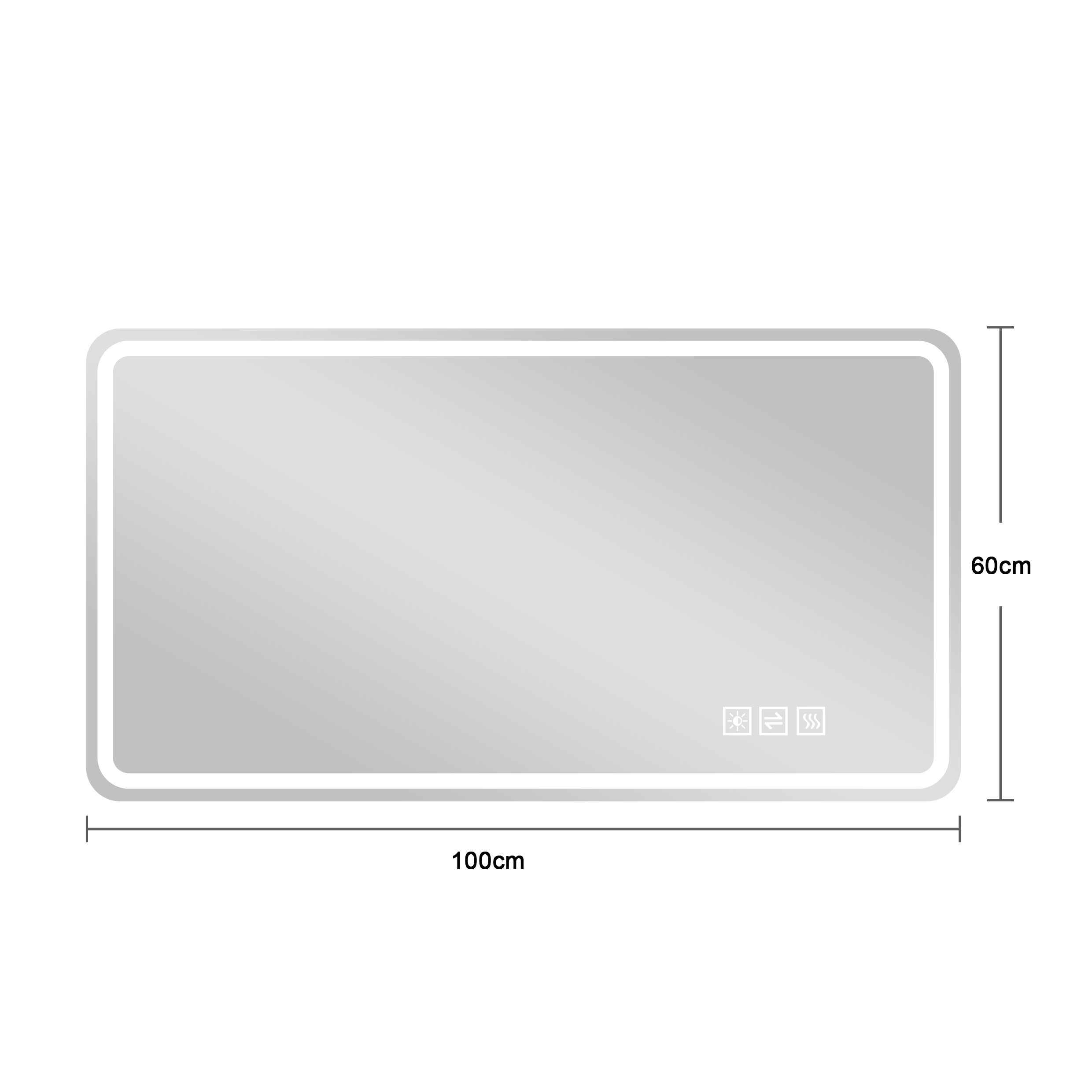 Rechteckiger LED-Badspiegel, 100x60 cm, mit Touch-Schaltern.