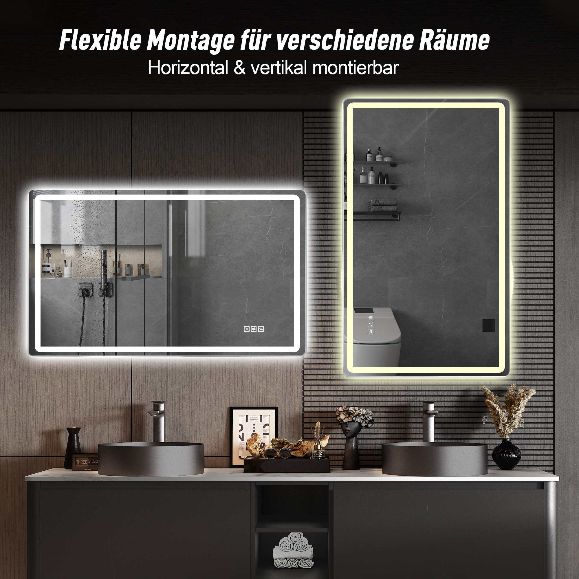 Zwei beleuchtete LED-Badezimmerspiegel, horizontal und vertikal montierbar, über einem Doppelwaschtisch.