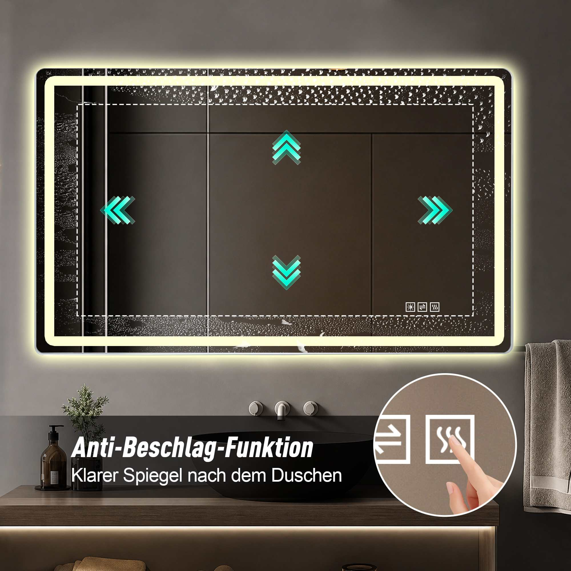 Ein beleuchteter Badezimmerspiegel mit Anti-Beschlag-Funktion und Touch-Bedienung über Tasten auf der Oberfläche.