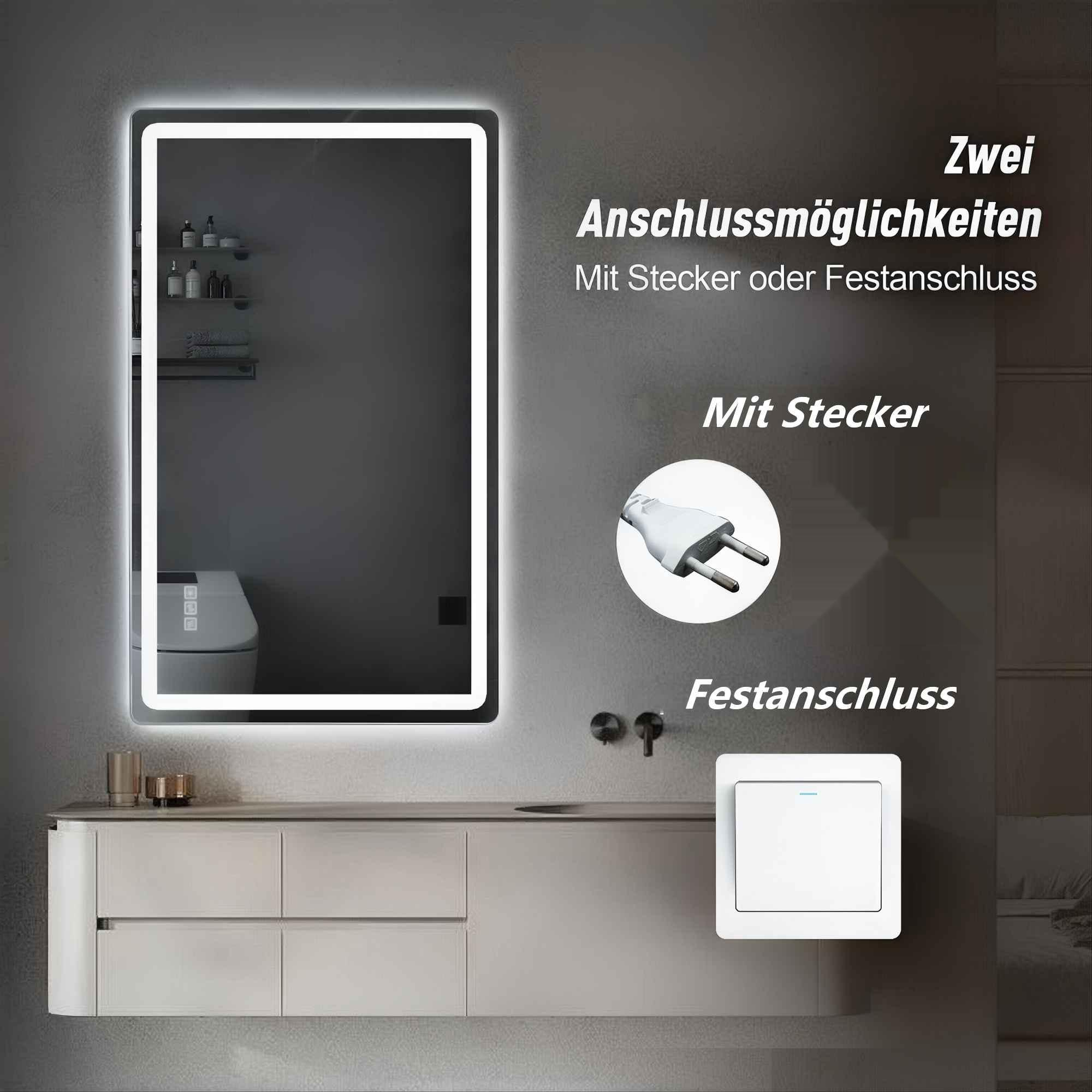 Ein beleuchteter LED-Spiegel mit Stecker oder Festanschluss über einem Waschtisch.