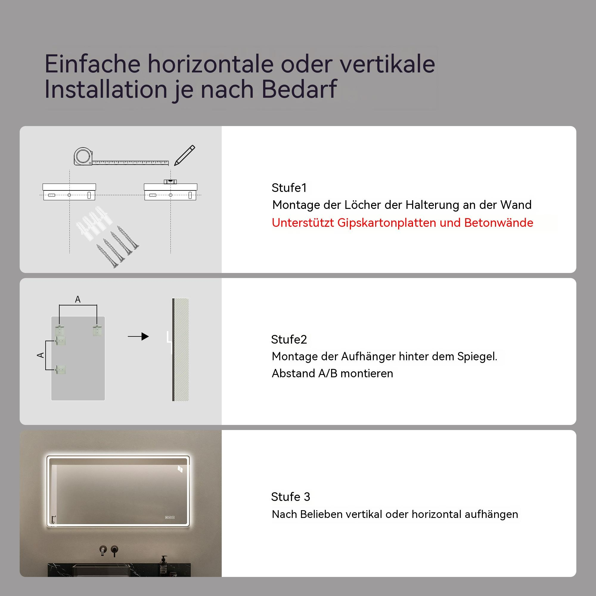 Anleitungsdiagramm mit drei Schritten zur horizontalen oder vertikalen Montage eines Wandspiegels.
