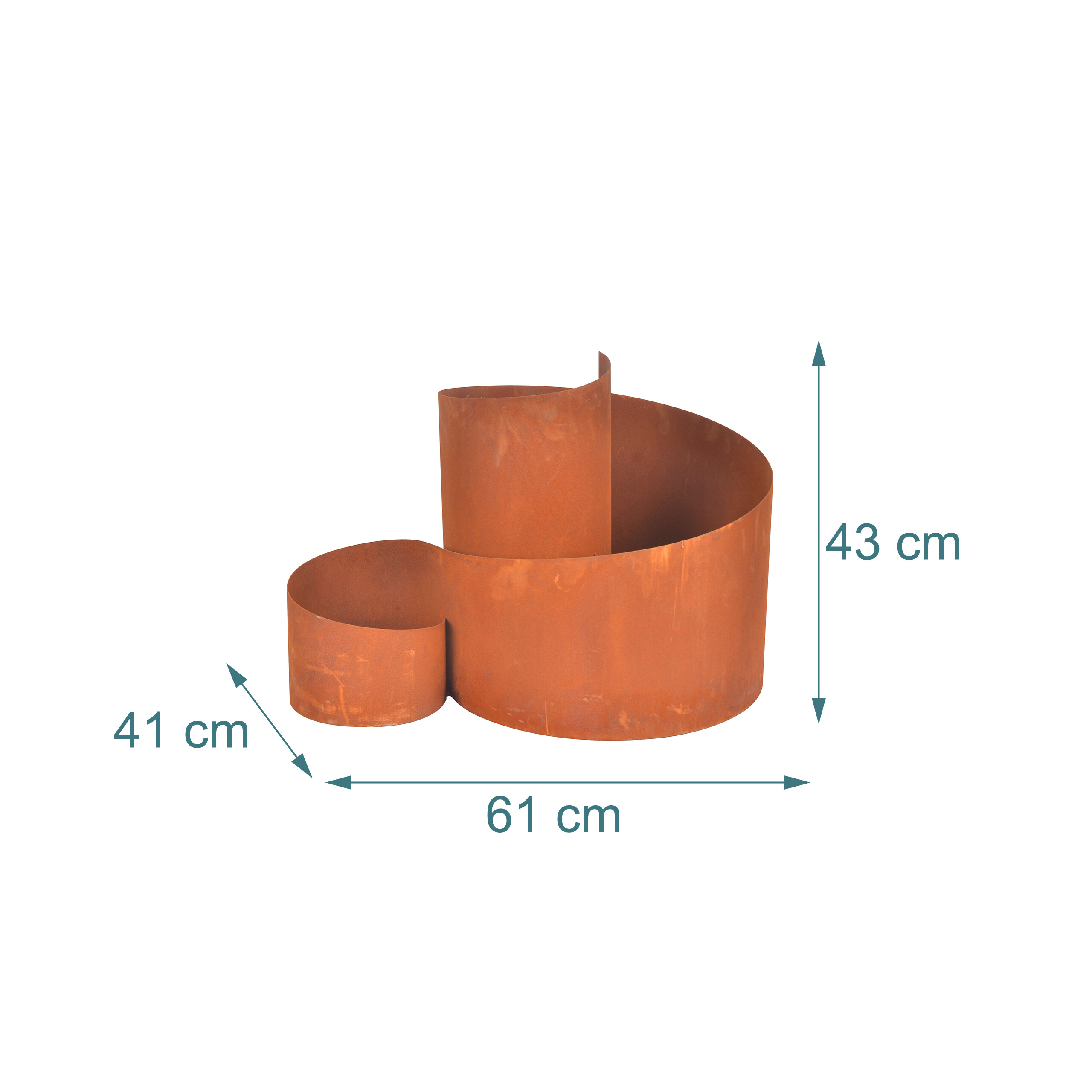 Rostiges Metall-Spiralbeet mit den Maßen 61 cm breit, 41 cm tief und 43 cm hoch.