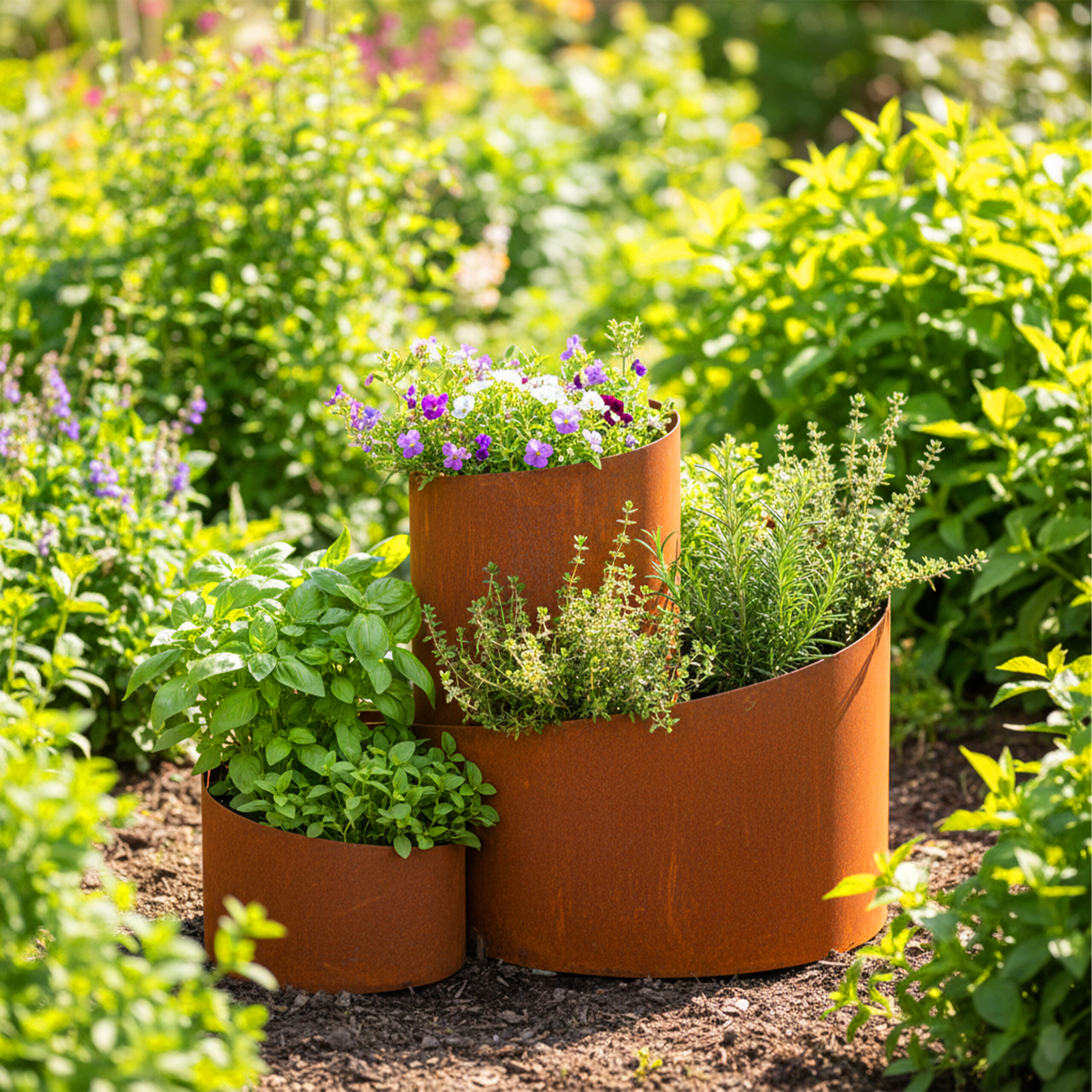 Drei gestaffelte Pflanzkübel aus Cortenstahl mit Kräutern und Blumen in einem sonnigen Garten.