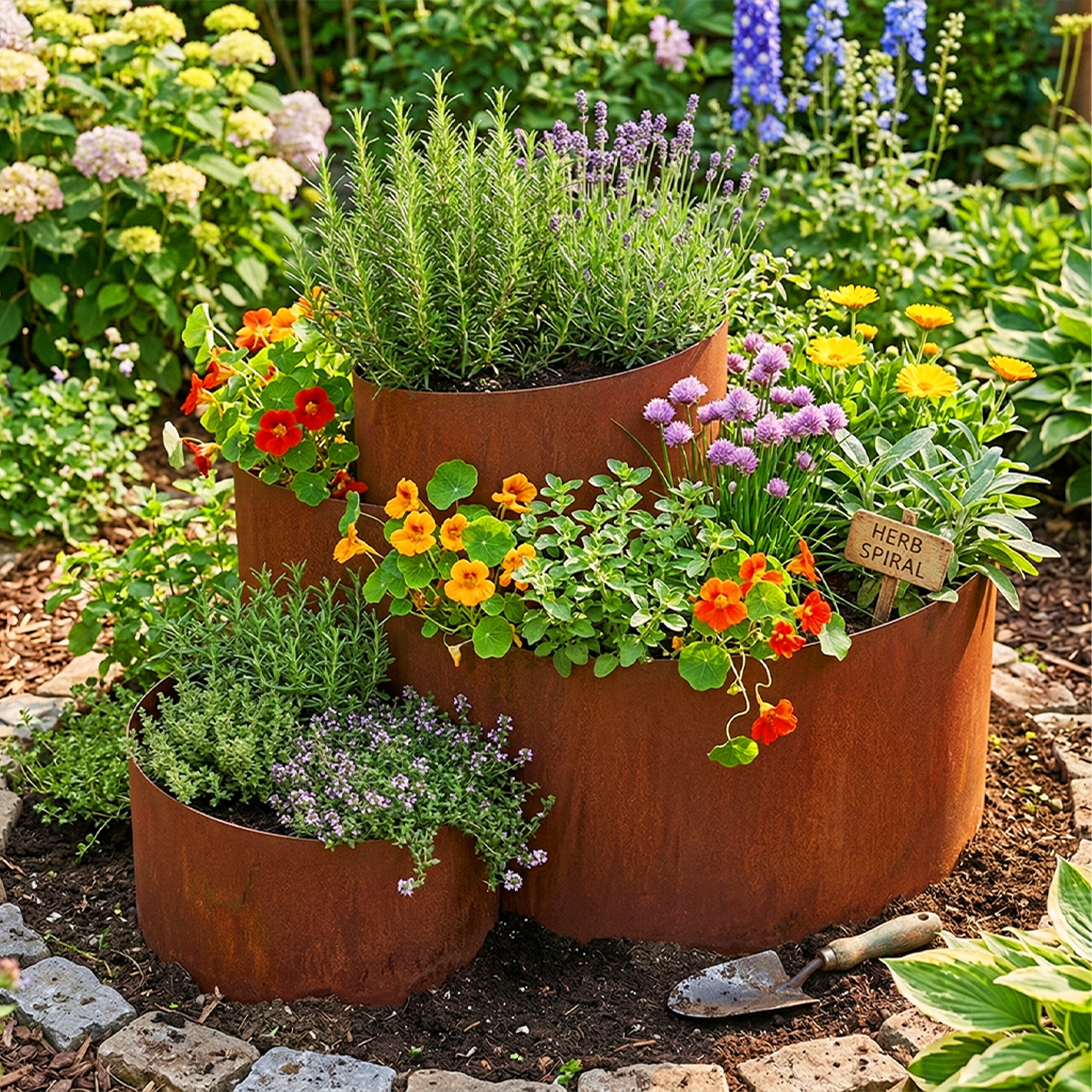 Eine gestufte Kräuterspirale aus Roststahl mit verschiedenen Kräutern und bunten Blüten im Garten.