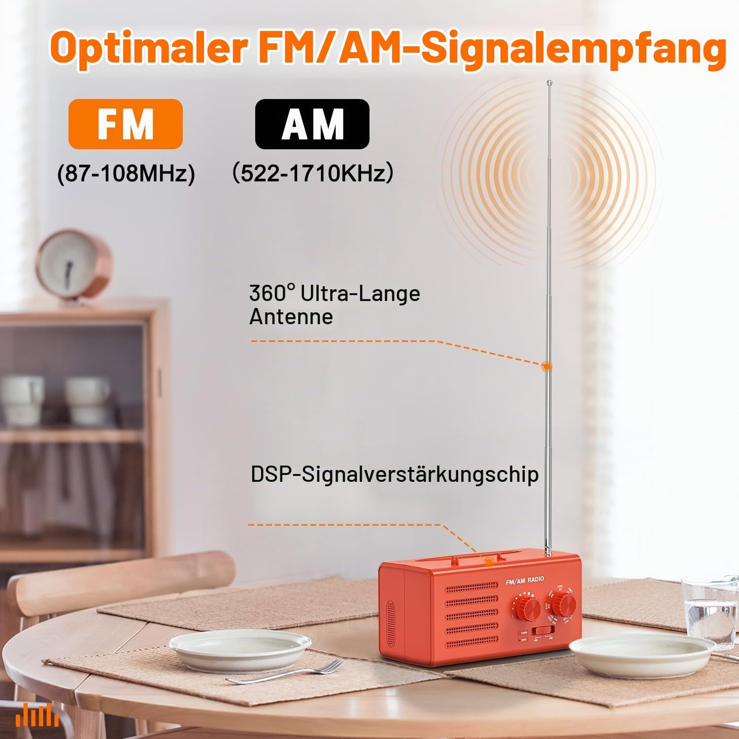 Ein rotes Radio mit langer Antenne steht auf einem Holztisch, umgeben von Tellern und Text und Grafiken.