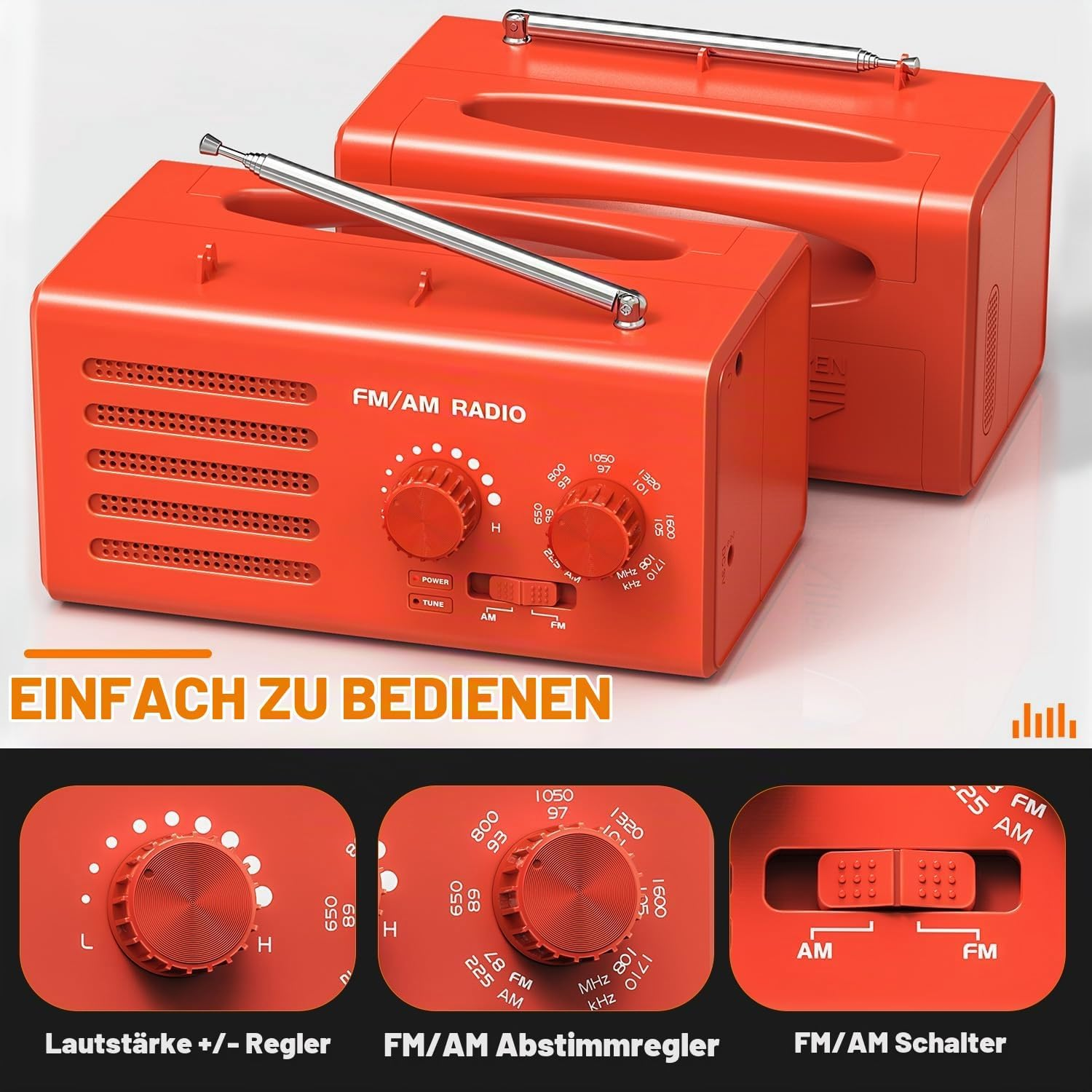 Zwei rote tragbare UKW/AM-Radios mit Antennen, Reglern und deutschem Text.