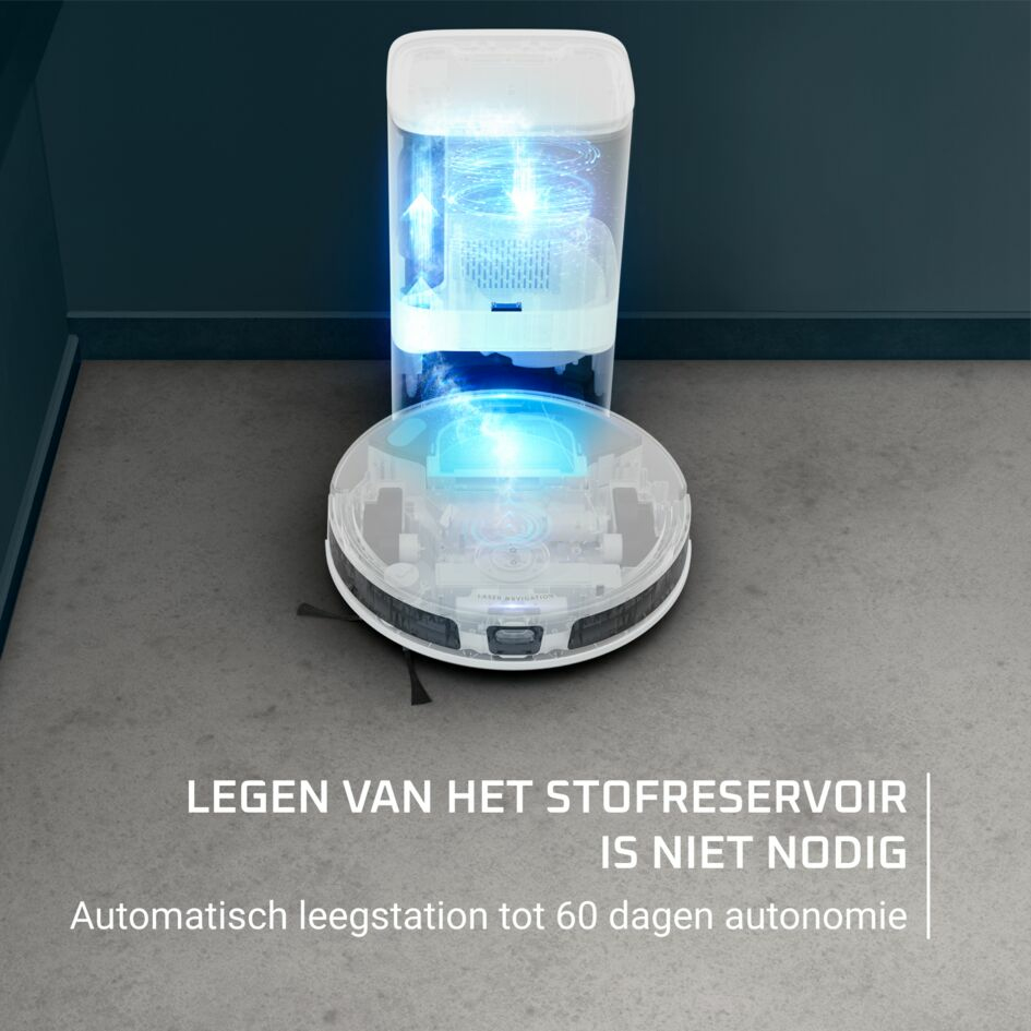 Corte de un robot aspirador blanco con estación de vaciado automático, que almacena polvo hasta 60 días.