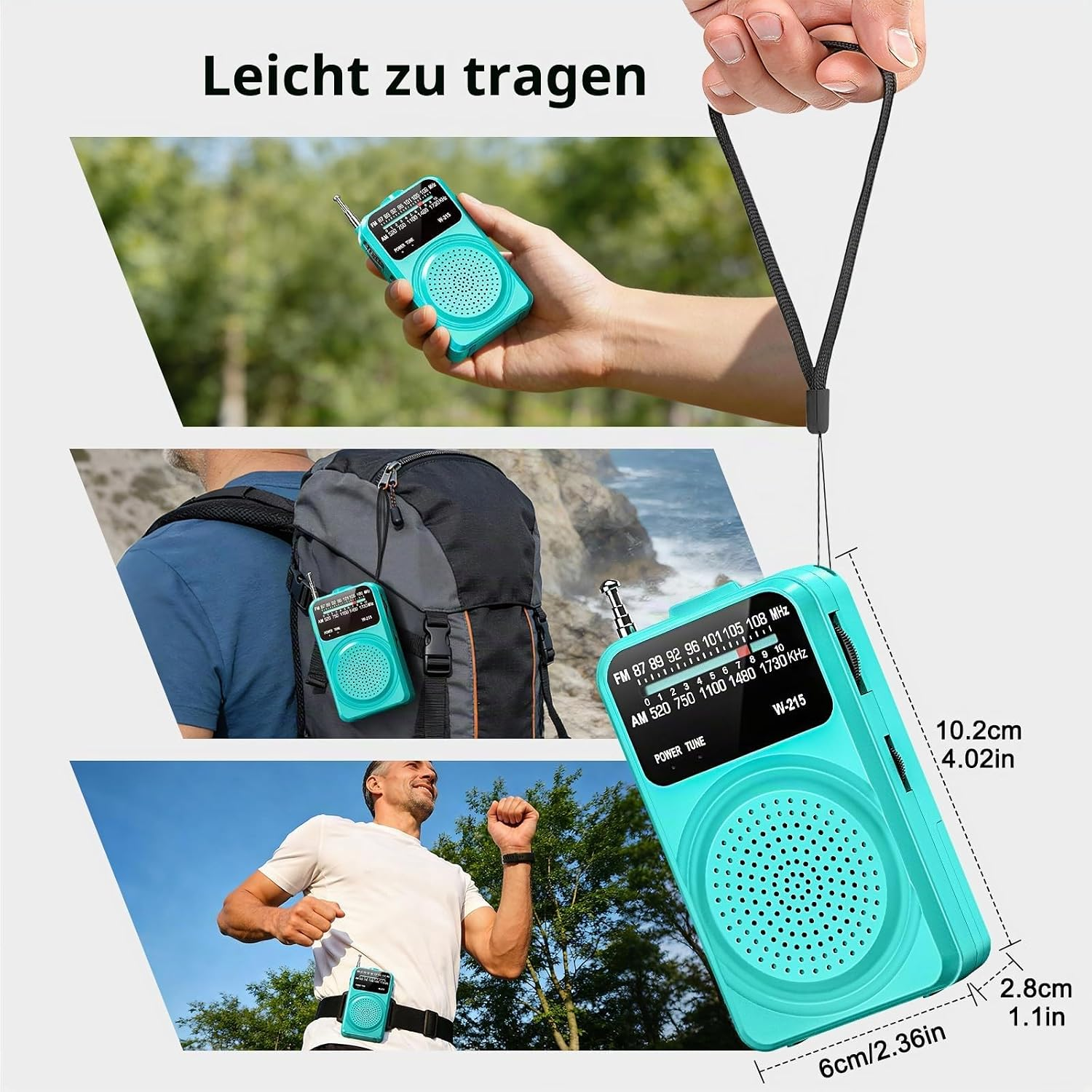 Kompaktes, tragbares türkises Radio mit Maßen und verschiedenen Tragemöglichkeiten.