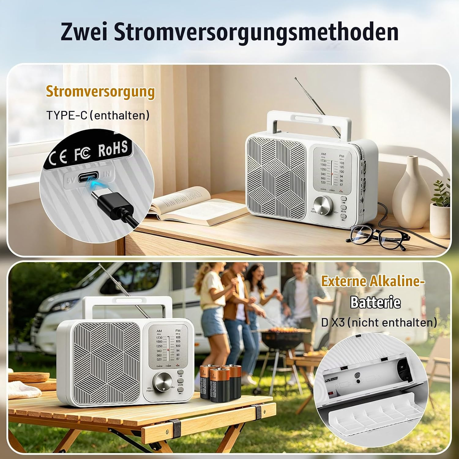 Weißes Retro-Radio auf Holztisch mit USB-C-Anschluss und Batteriebetrieb.