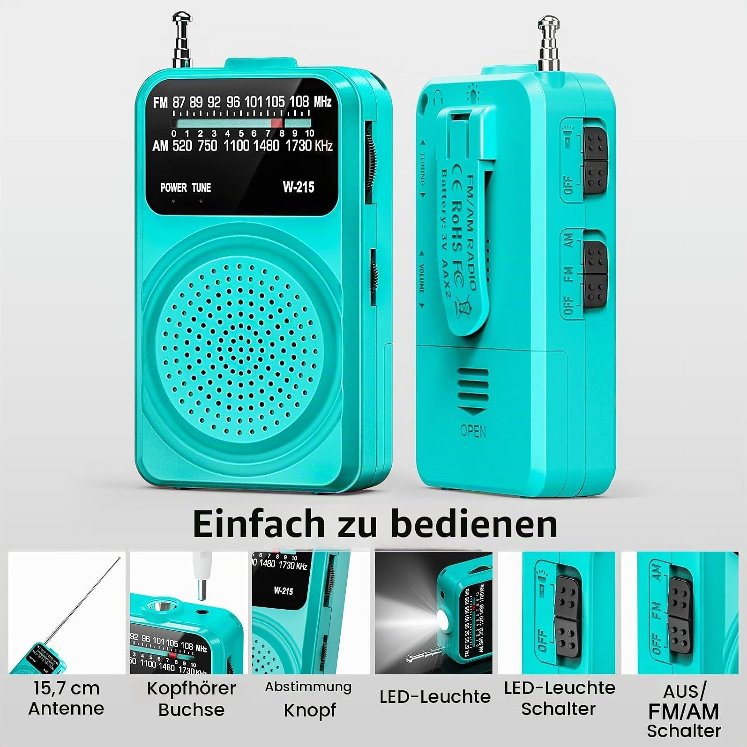 Türkisfarbenes Taschenradio mit Antenne, Lautsprecher, Reglern und LED-Taschenlampe.