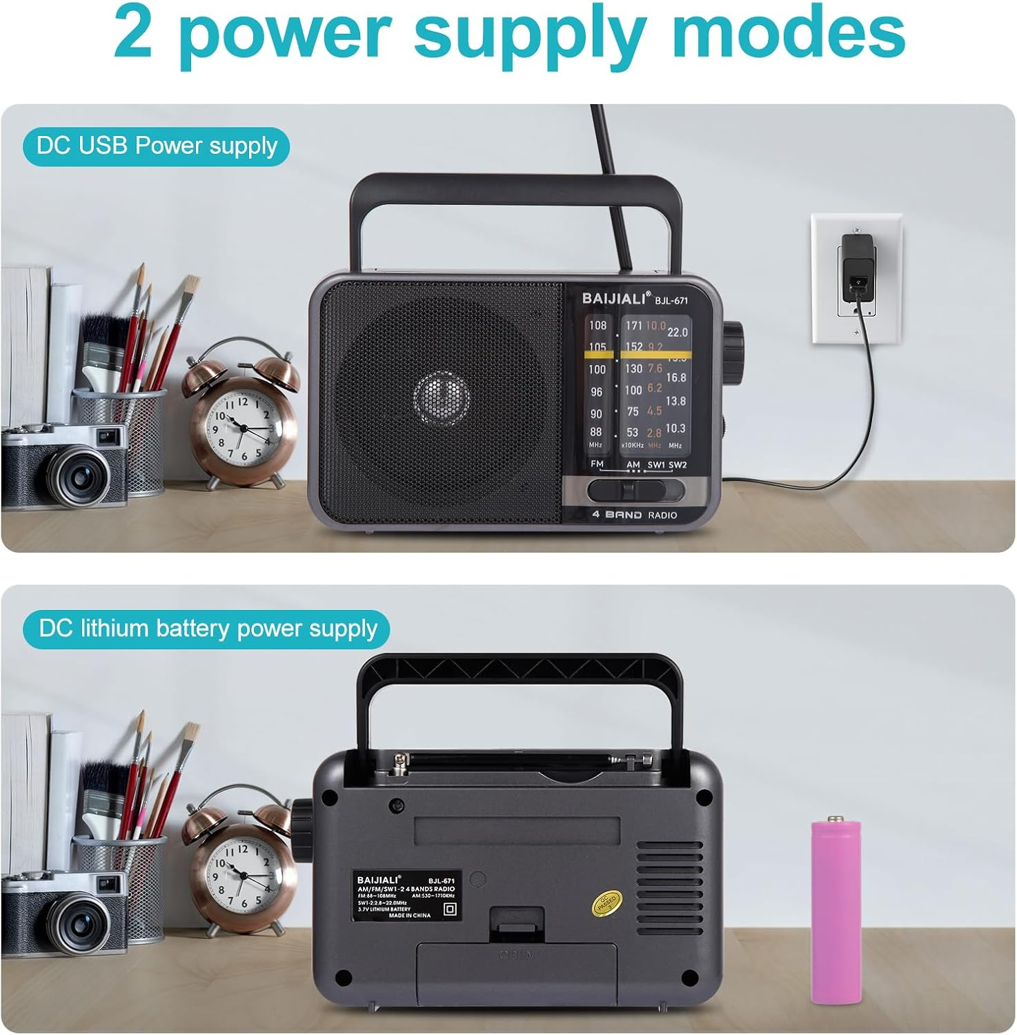 Ein graues Radio mit zwei Stromversorgungsmodi: USB-Kabel und Lithium-Batterie.