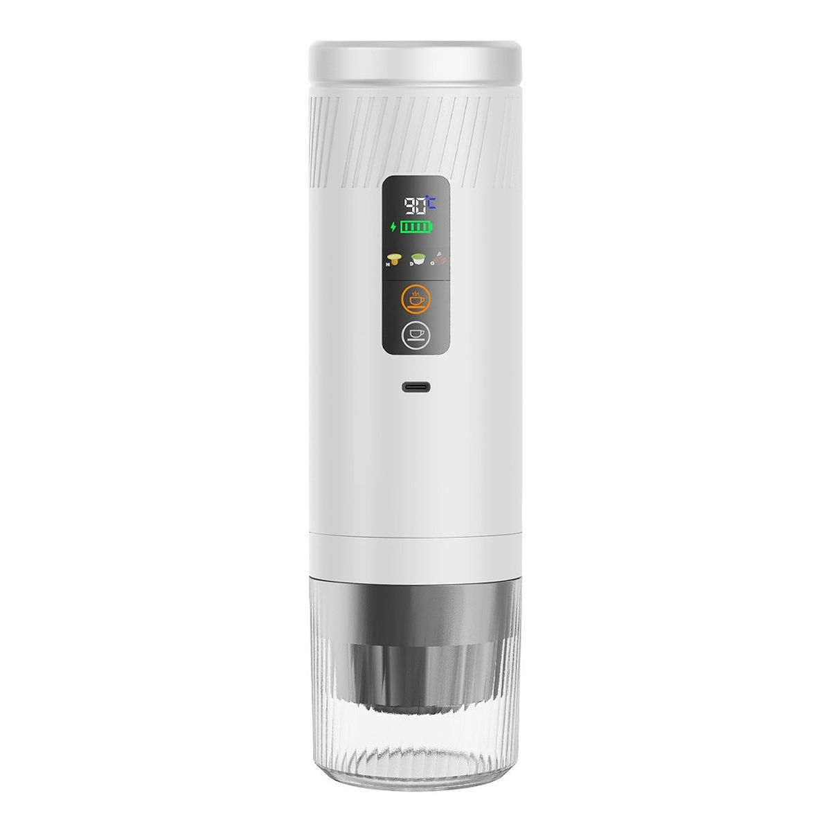 Tragbare weiße Kaffeemaschine mit digitaler Anzeige und durchsichtigem Becher.