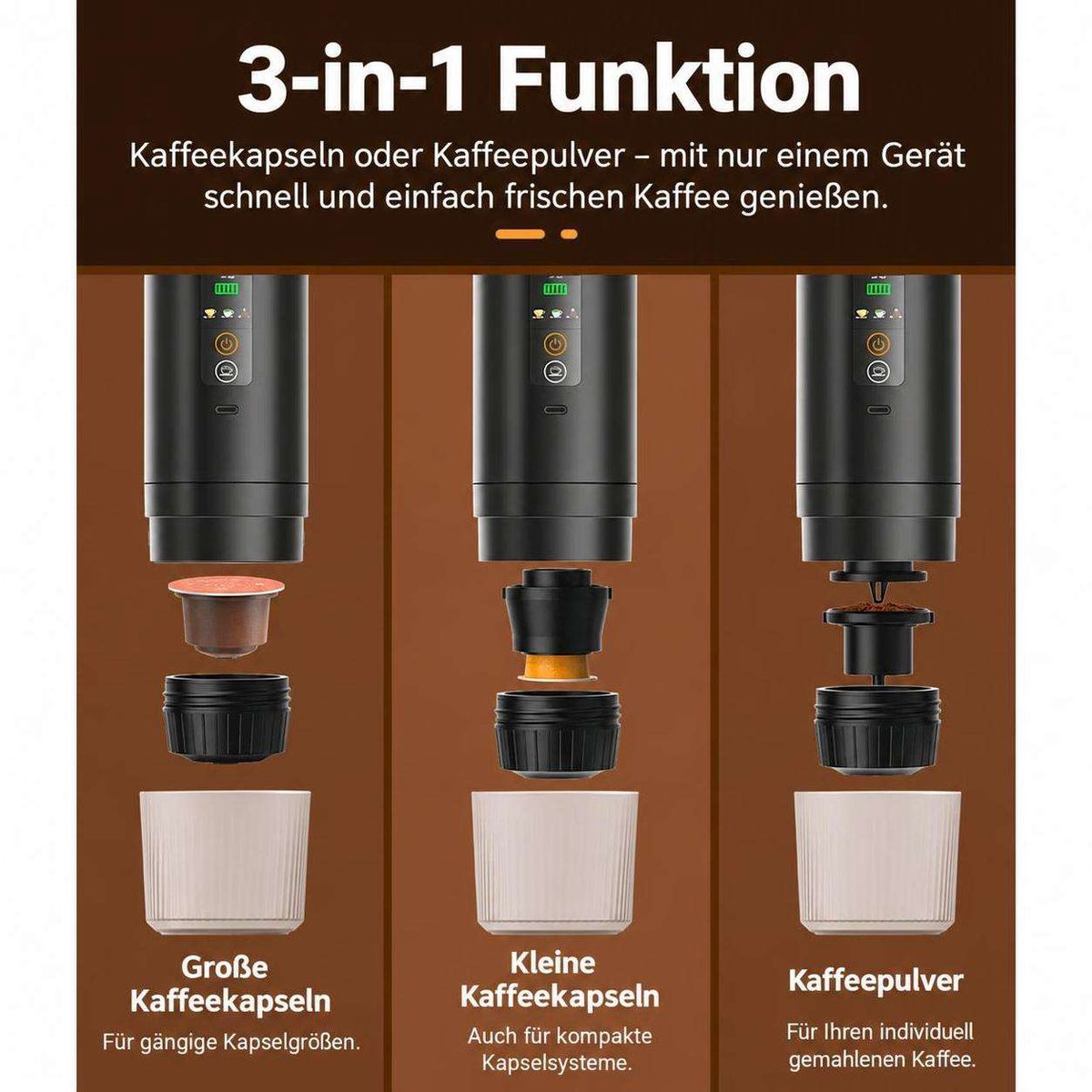 Eine Grafik zeigt drei Kaffeemaschinen-Optionen für große Kapseln, kleine Kapseln und Kaffeepulver.