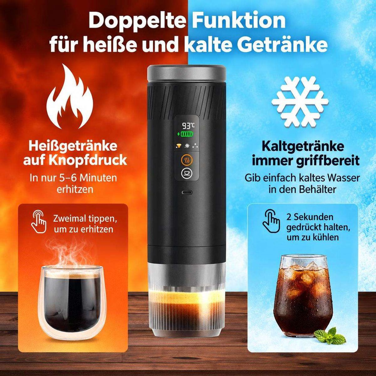 Eine schwarze Trinkflasche auf Holzoberfläche mit Flammen- und Eiskristall-Symbolen für Heiß- und Kaltgetränke.