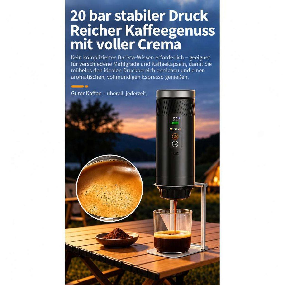 Tragbare Espressomaschine auf Holztisch mit Kaffeetasse und Text auf blauem Hintergrund.
