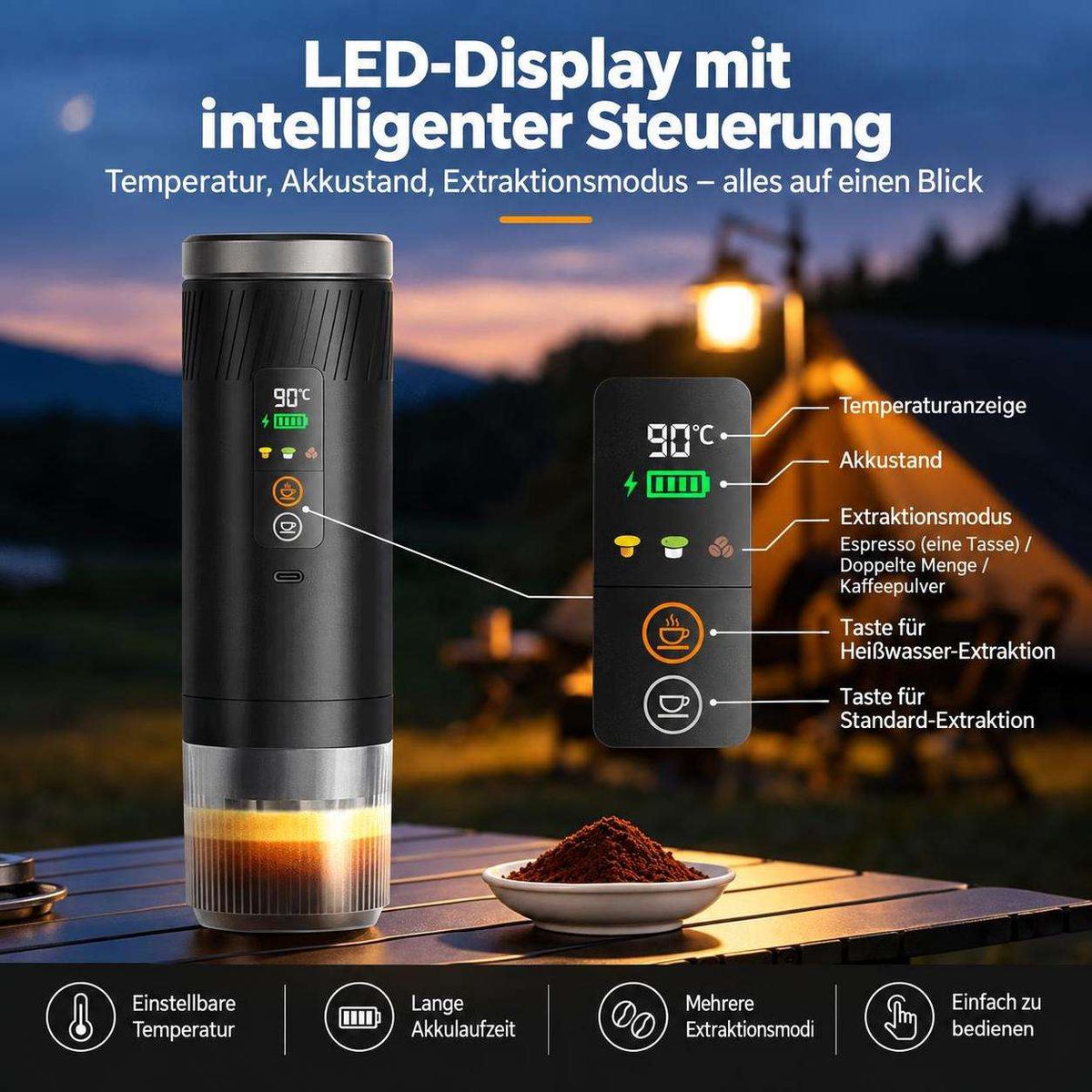 Tragbare Kaffeemaschine mit LED-Display auf einem Holztisch, im Hintergrund ein Campingplatz bei Nacht.