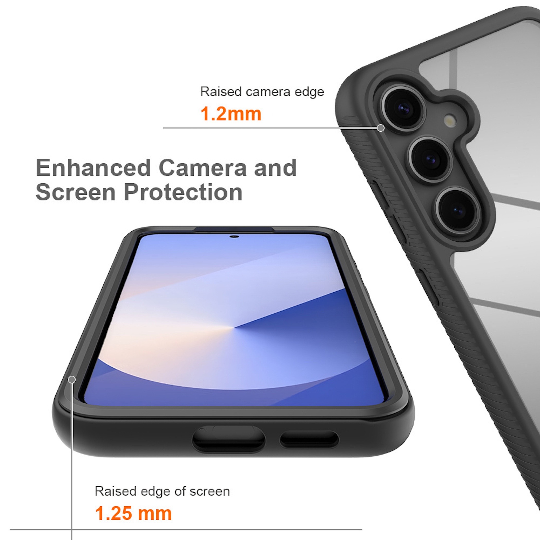 Smartphone-Hülle mit Schutz für Kamera (1.2mm) und Bildschirm (1.25mm).