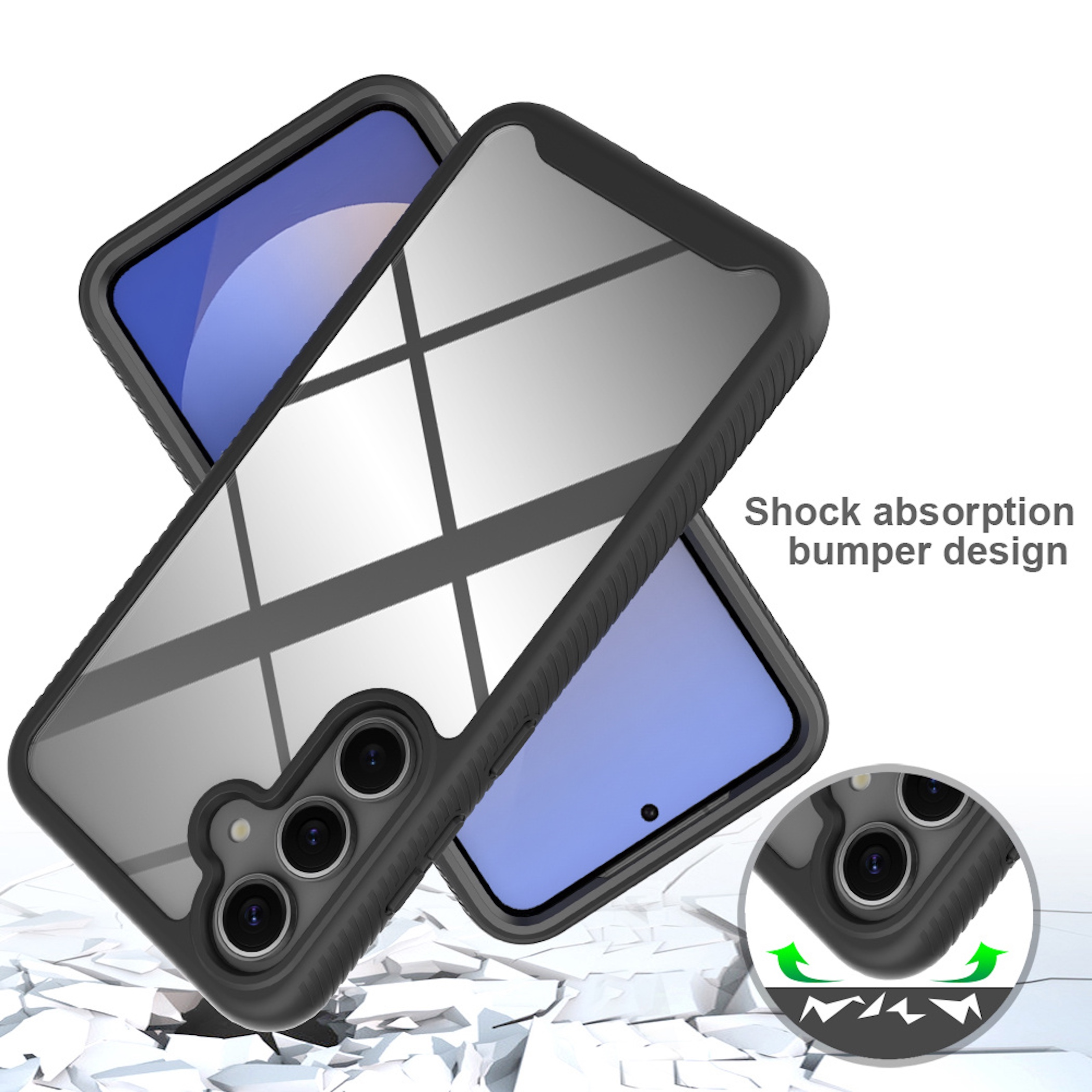 Zwei Smartphones in robuster schwarzer Hülle mit Stoßdämpfungsdesign und Dreifachkamera.