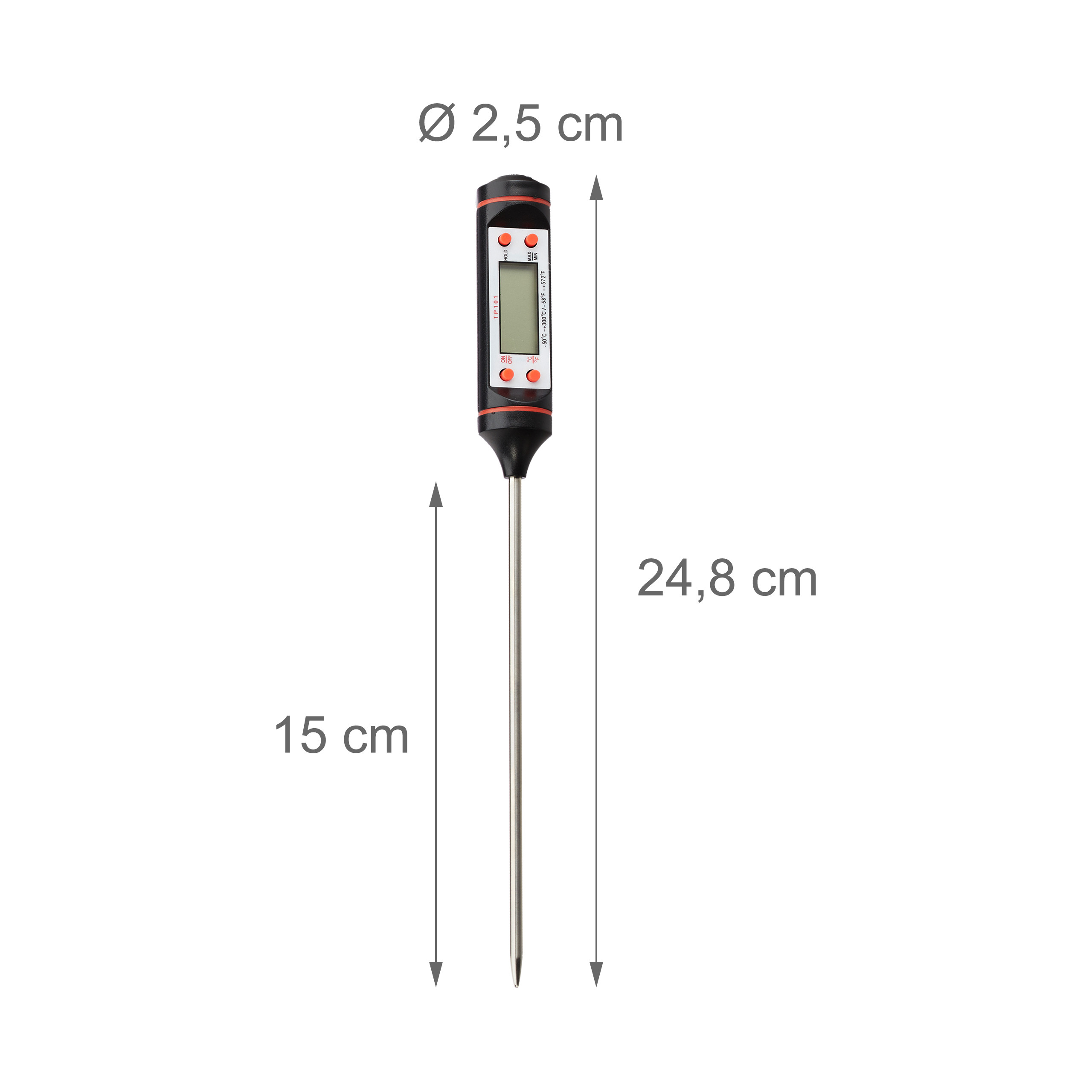 Digitades Küchenthermometer mit Edelstahlsonde, Maße 24,8x2,5 cm und Sondenlänge 15 cm.