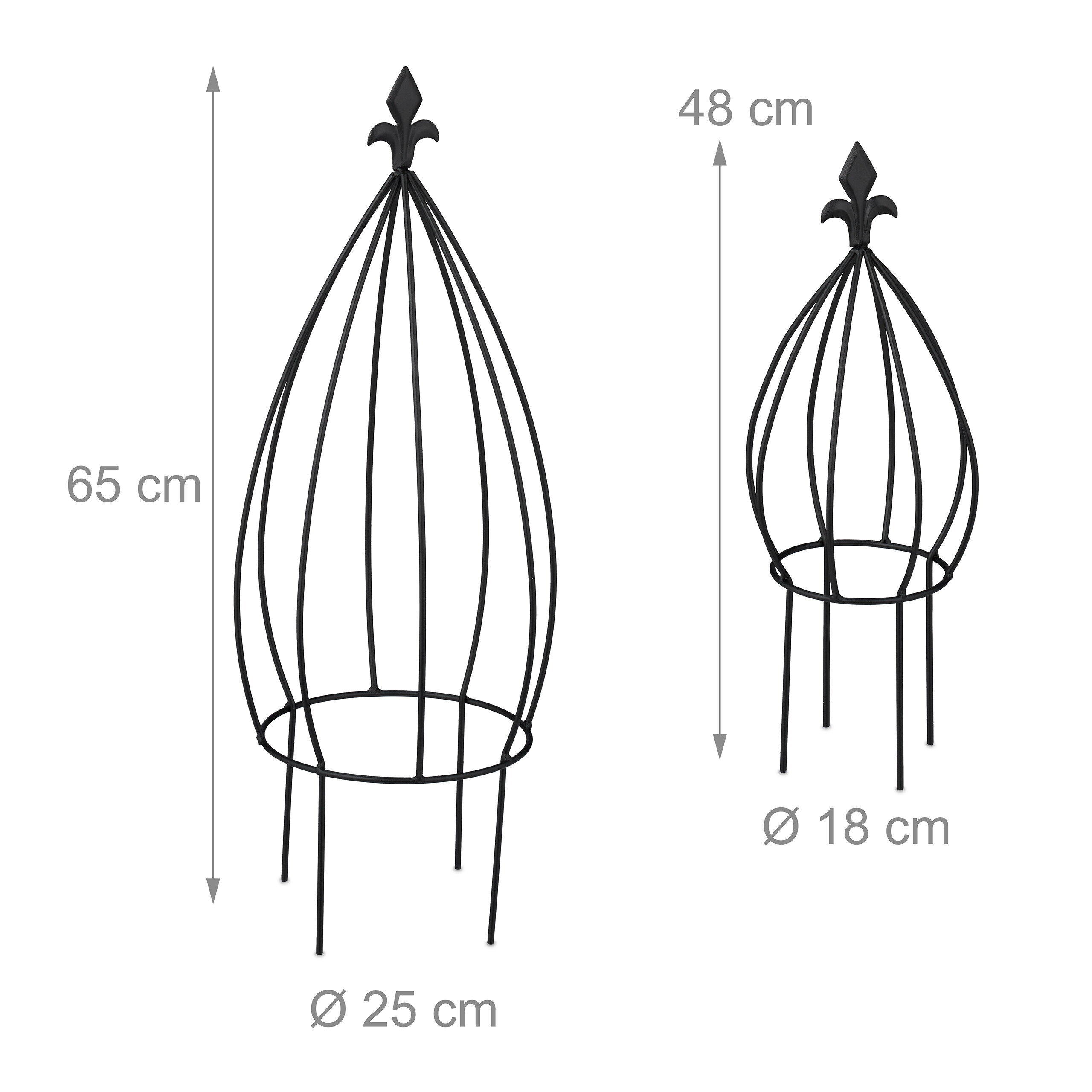 Zwei schwarze Metall-Gartenobelisken mit Maßen: 65 cm und 48 cm hoch, vor weißem Hintergrund.