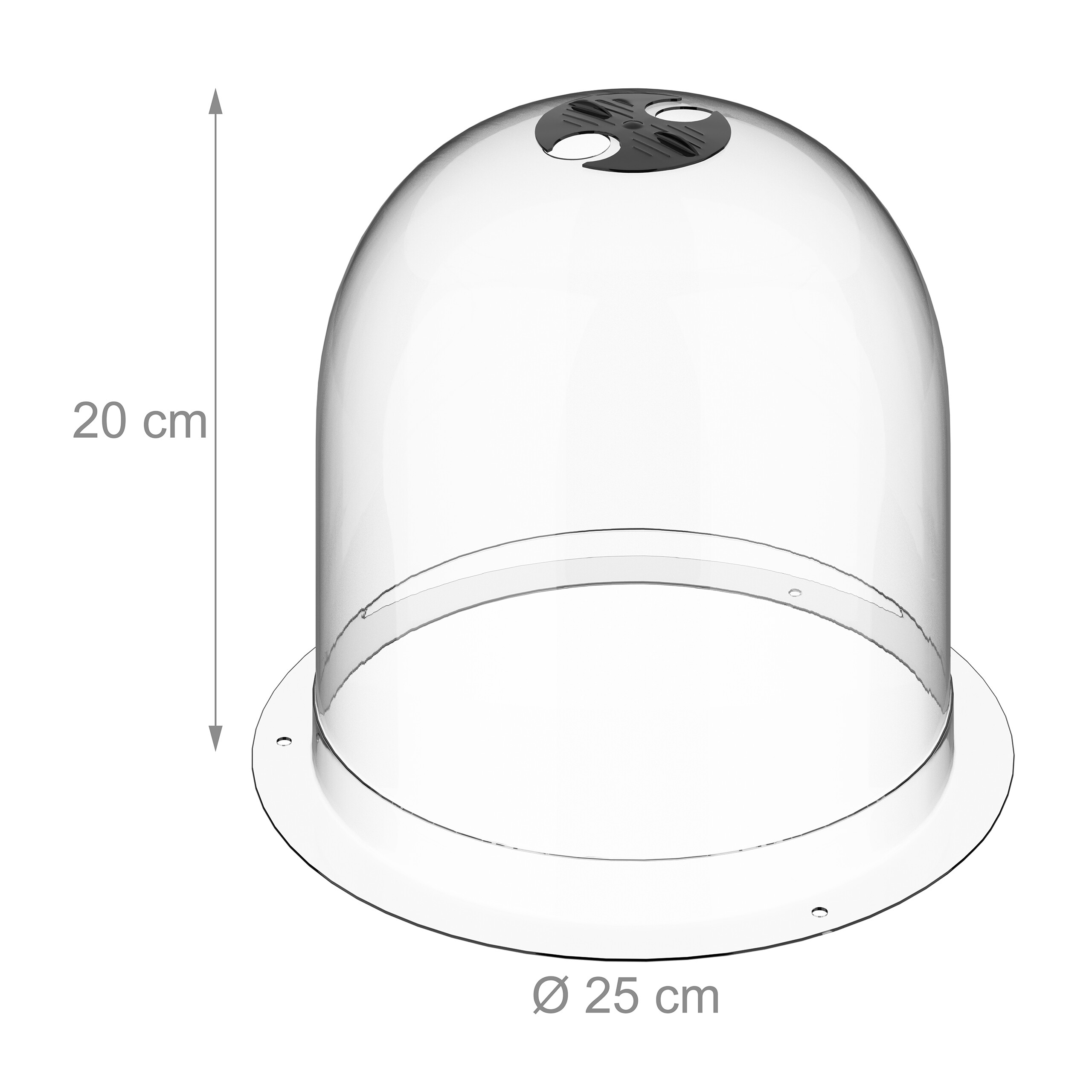 Transparente Pflanzenglocke, 20 cm hoch und 25 cm im Durchmesser, mit Belüftungslöchern.