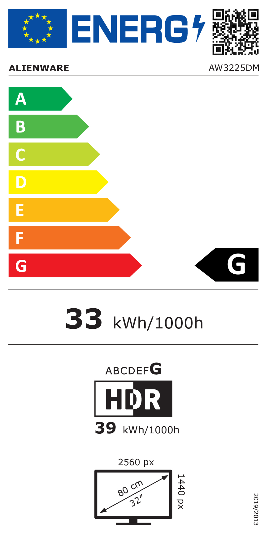 EU-energielabel voor Alienware-monitor met energieklasse G en 33 kWh verbruik.