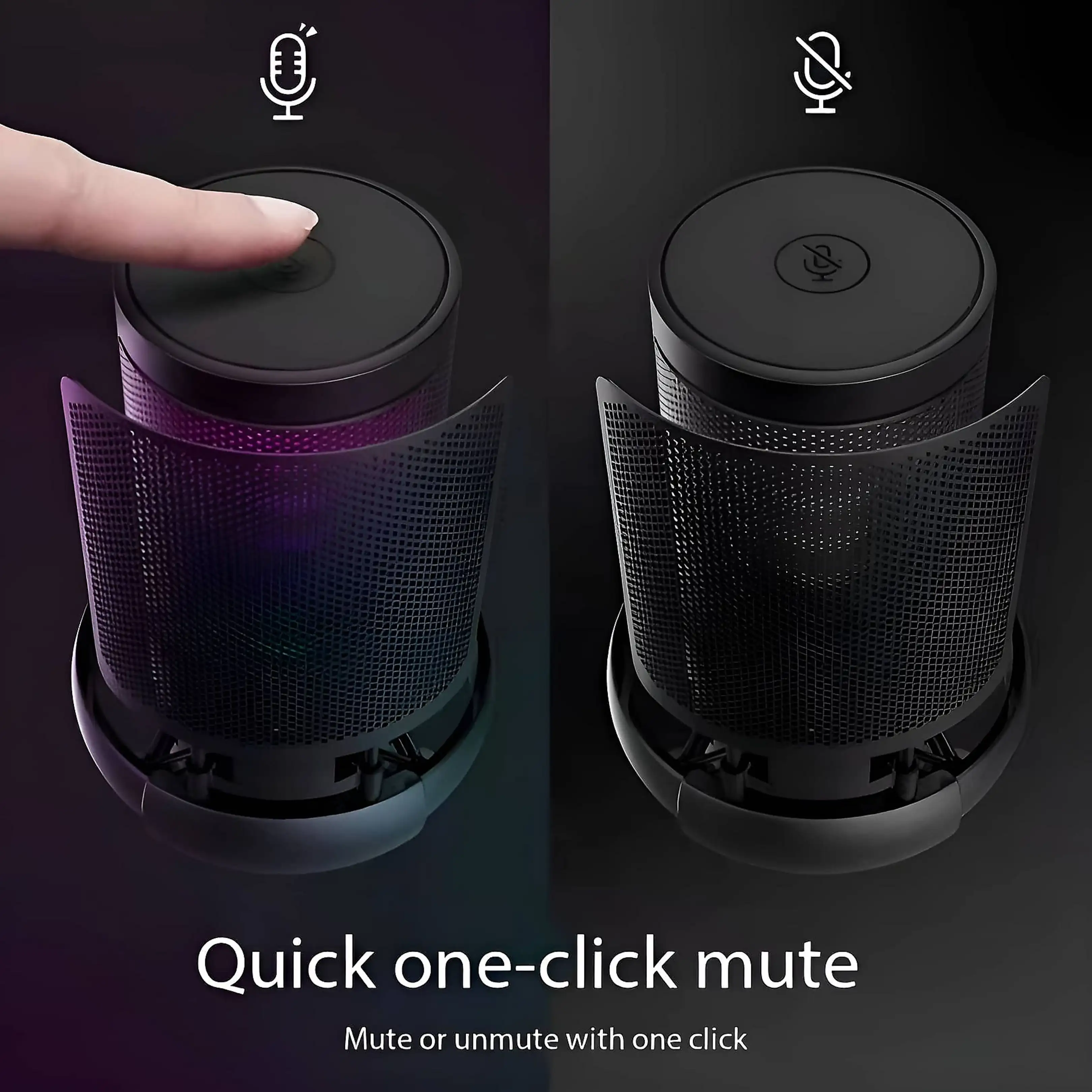 Ein Finger drückt die Taste eines schwarzen Lautsprechers mit Mikrofon-Symbol für Stummschaltung.