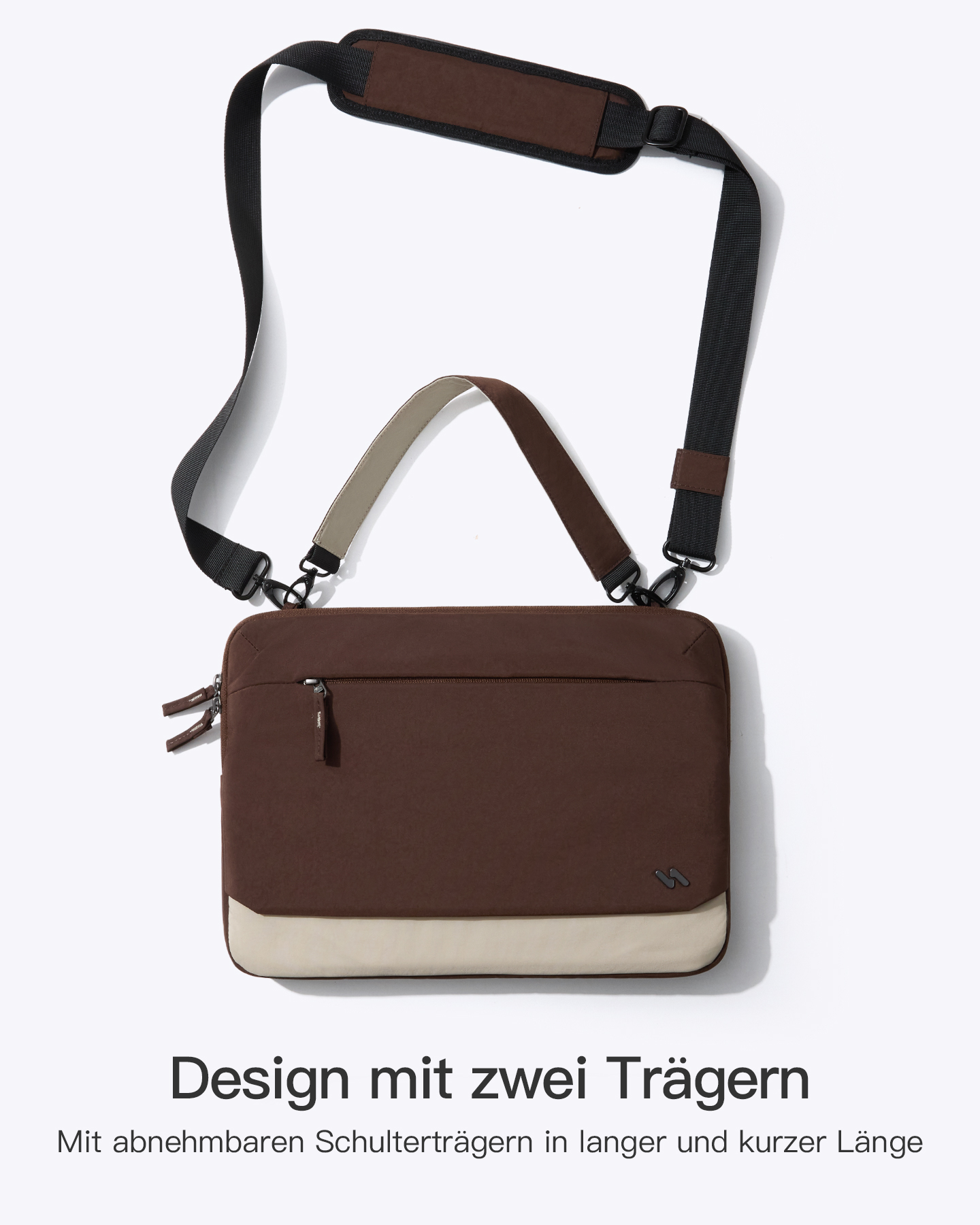 Braune Laptoptasche mit zwei abnehmbaren Trägern und hellem Akzent unten vor weißem Hintergrund.