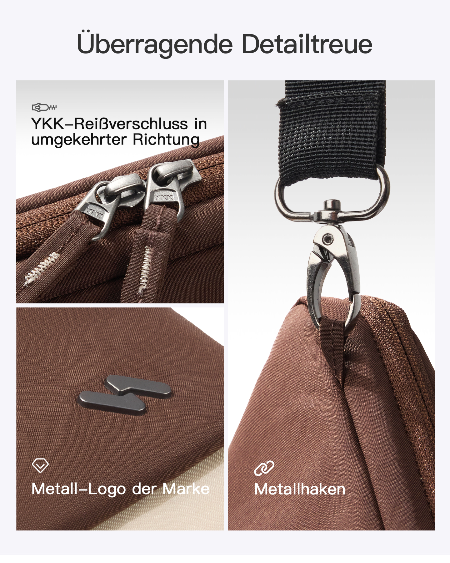 Details einer braunen Tasche mit YKK-Reißverschlüssen, Metall-Logo und einem Karabinerhaken am Gurt.