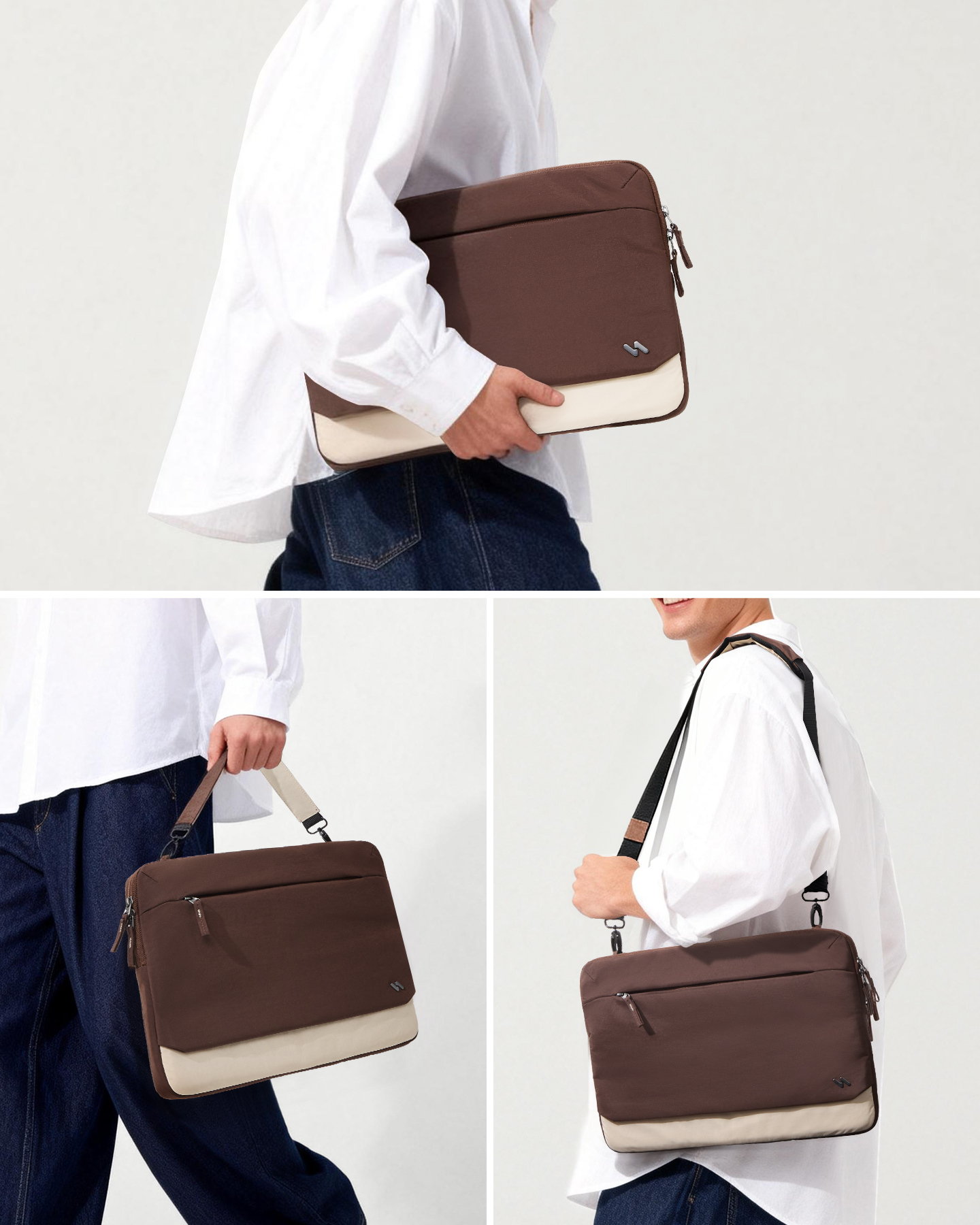 Person in weißem Hemd trägt eine braun-beige Laptoptasche in verschiedenen Ansichten.
