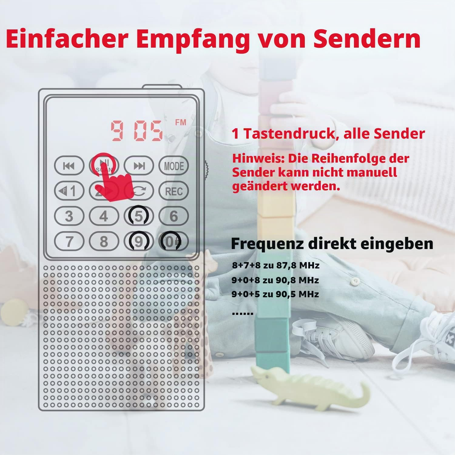 Umriss eines Digitalradios über einem Kind mit Bauklötzen, zeigt Frequenzinfos und roten Werbetext.