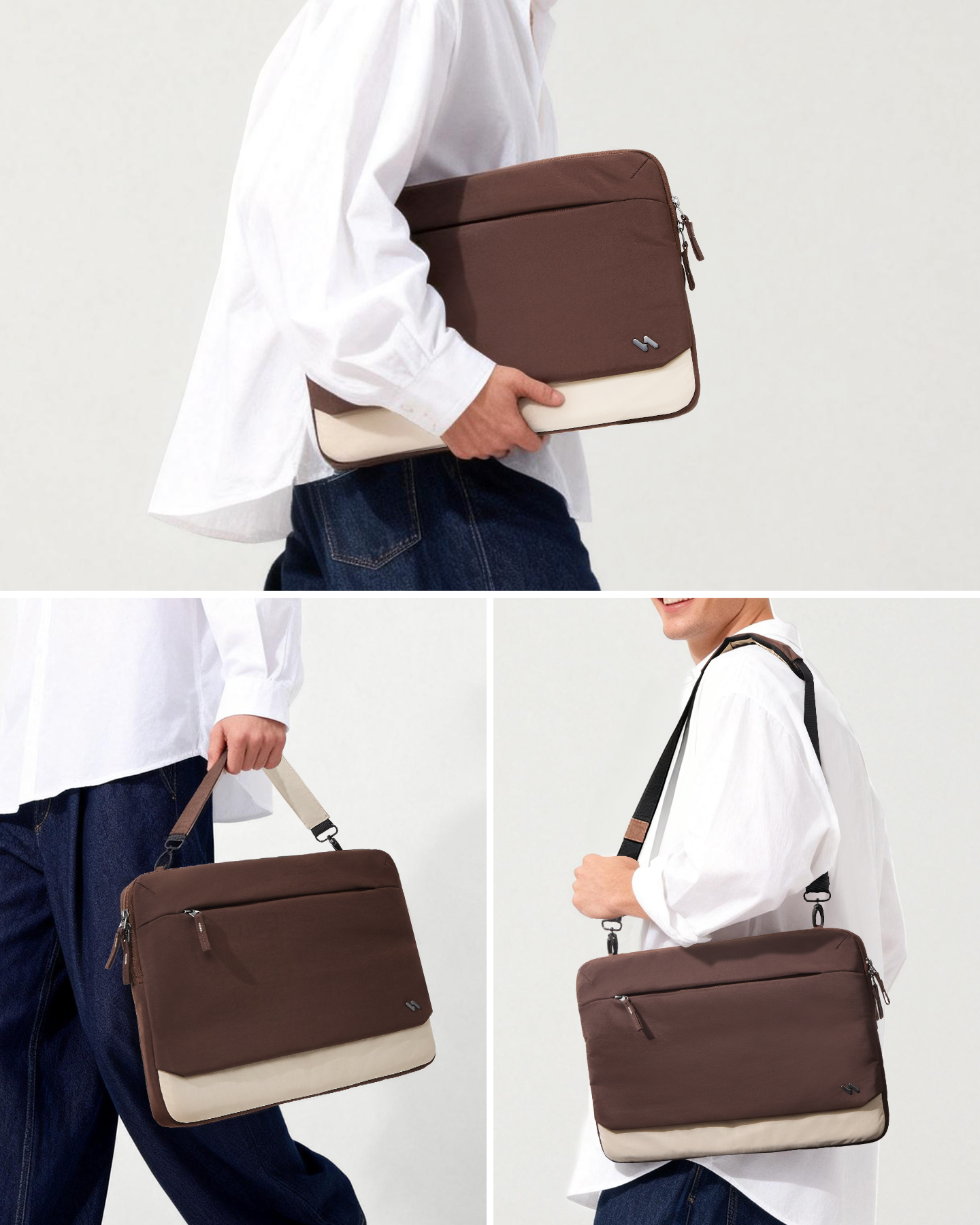 Eine Person trägt eine braun-beige Laptoptasche in verschiedenen Stilen: unterm Arm, an den Griffen und über der Schulter.
