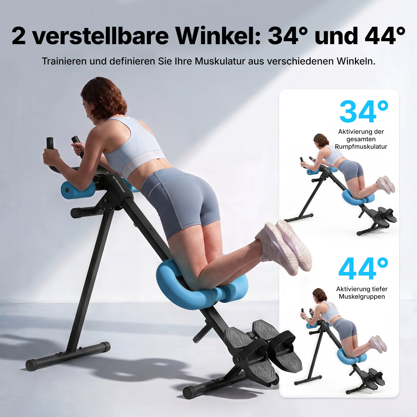 Eine Frau trainiert auf einer schwarzen Fitnessbank mit blauen Polstern in zwei Winkeln von 34 und 44 Grad.