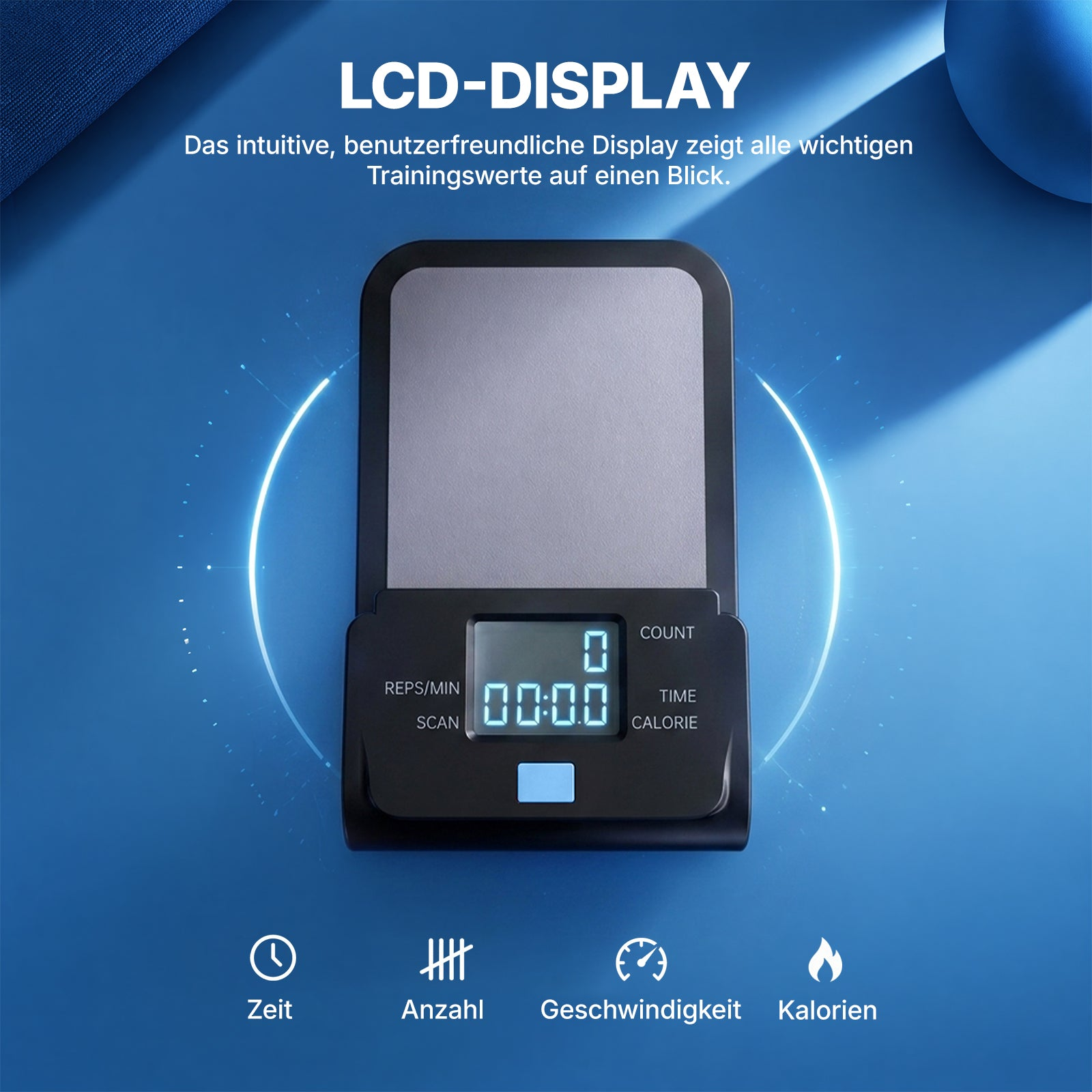 Ein schwarzes Fitnessgerät mit LCD-Display auf blauem Hintergrund und vier Symbolen unten.