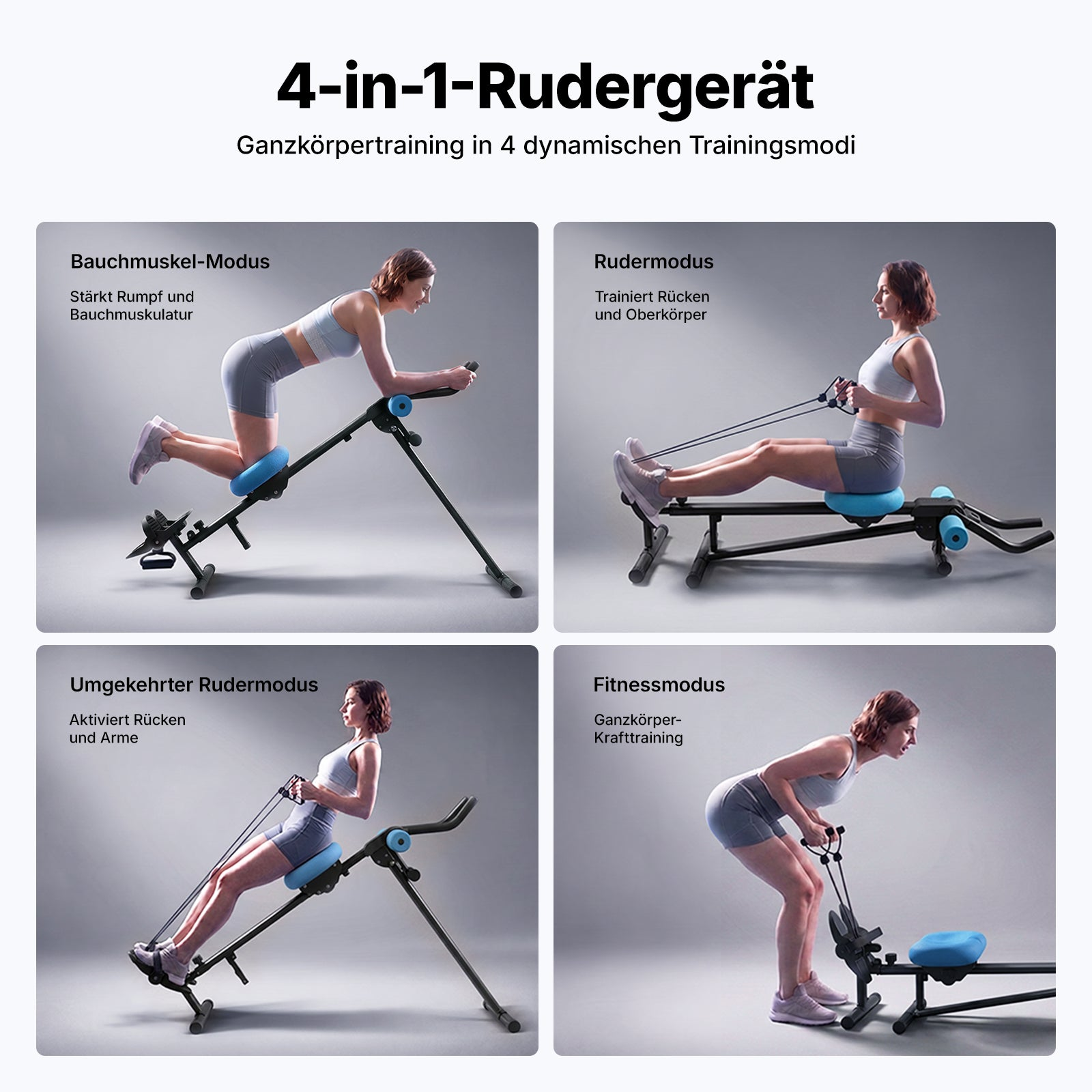 Vier Bilder zeigen eine Frau, die ein 4-in-1-Rudergerät in verschiedenen Fitnessmodi und Übungen verwendet.