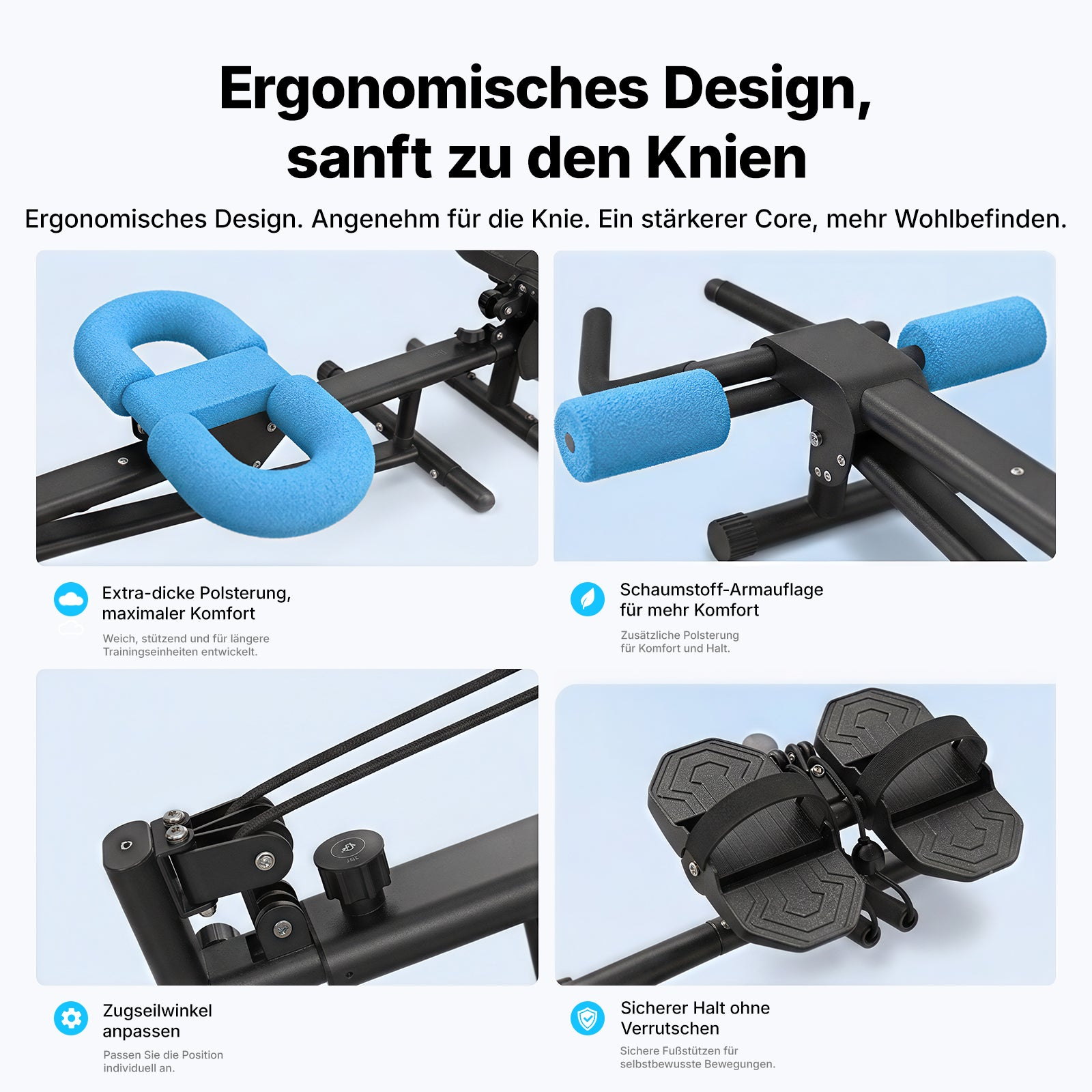 Vier Detailbilder von Fitnessgeräten zeigen gepolsterte Knie- und Armlehnen, verstellbare Seile und Fußstützen.