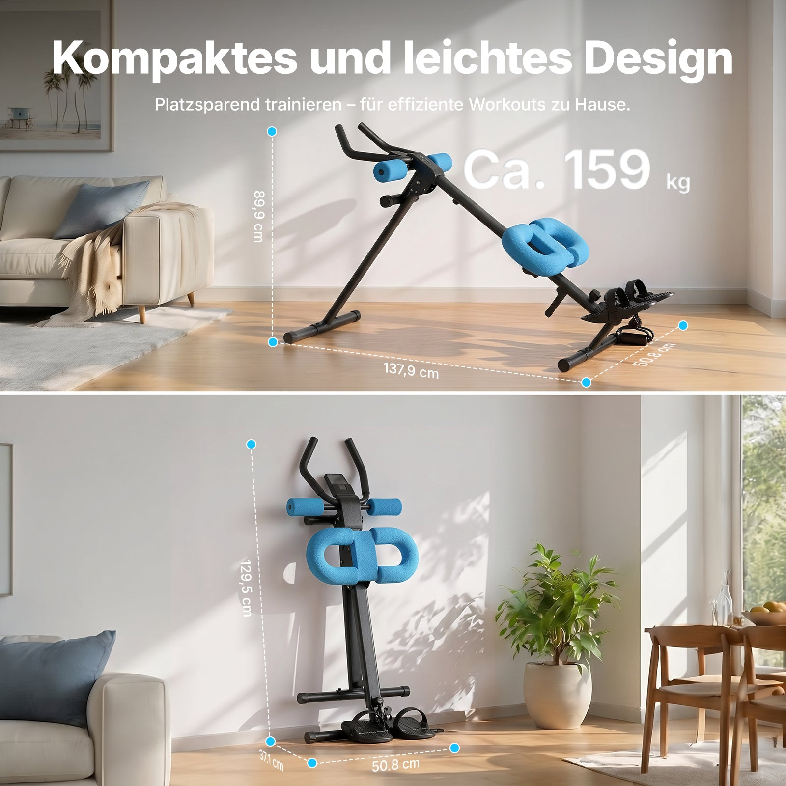 Fitnessgerät mit blauen Polstern in einem hellen Wohnzimmer, einmal aufgebaut und einmal zusammengeklappt.